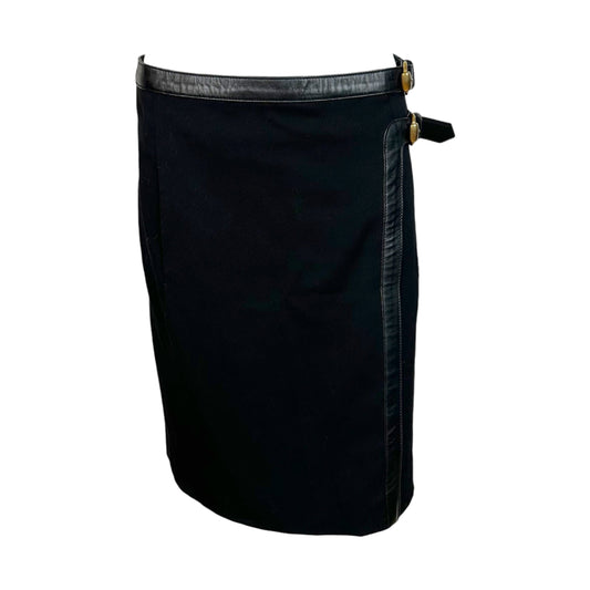 Gucci Black Leather Trim Double Buckle Midi Skirt