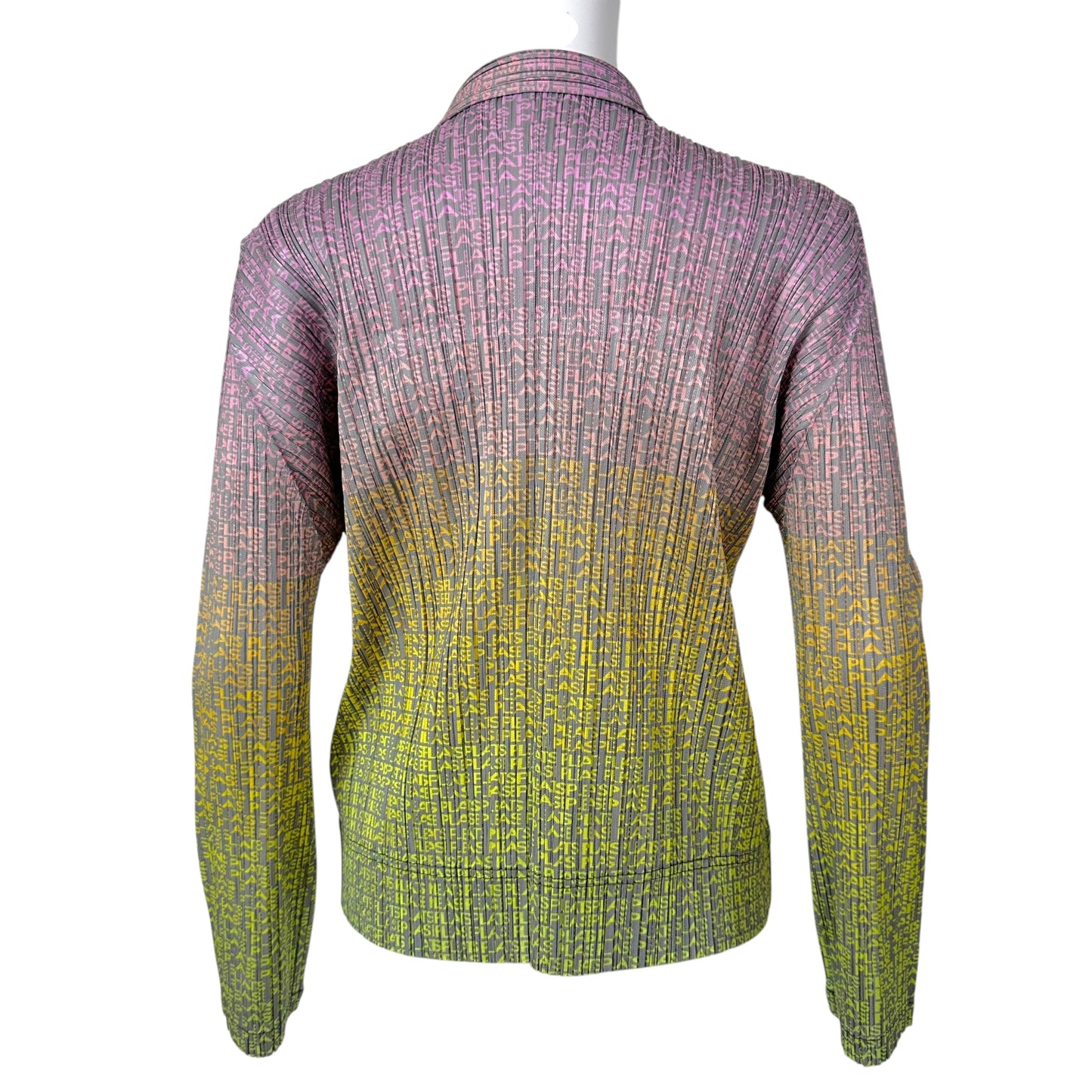 Issey Miyake Pleats Please Purple-Green Ombre Logo Print Button Up Jacket
