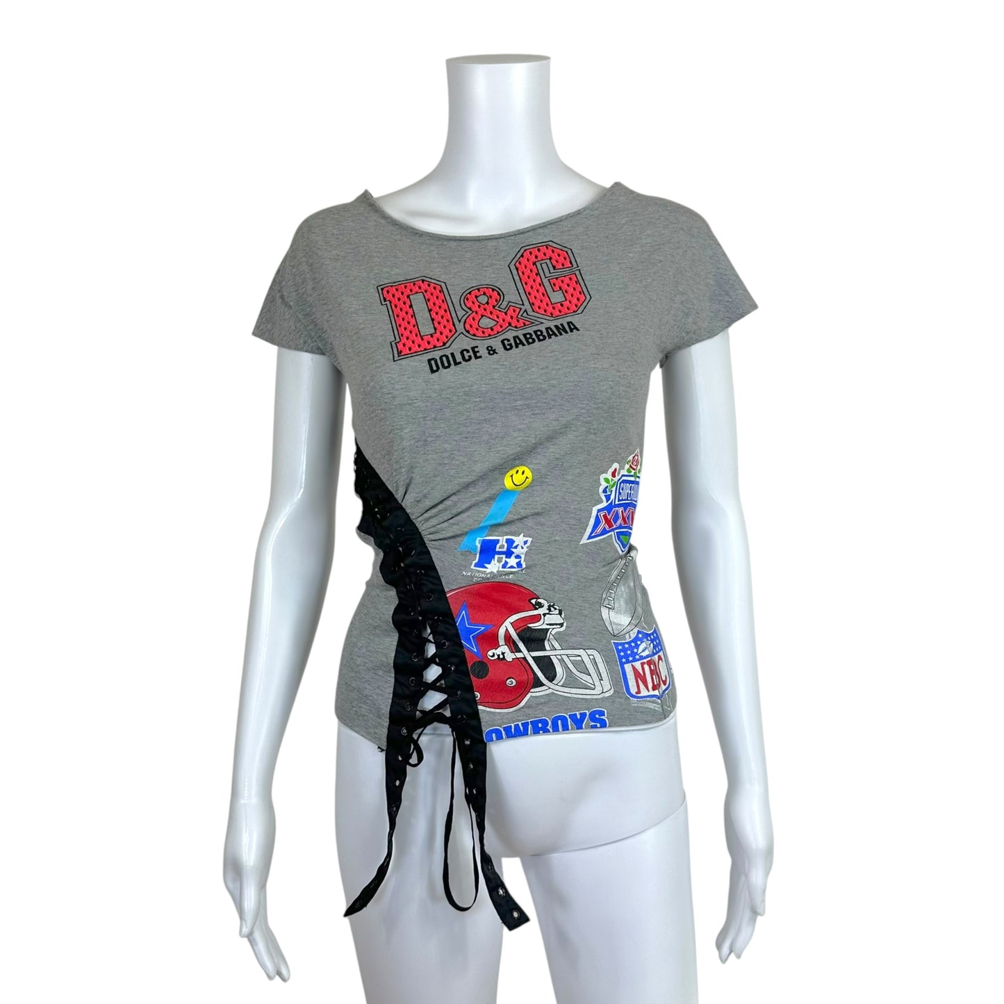 D&G Dolce & Gabbana Sports Graphic Lace Up Off-Shoulder T-Shirt