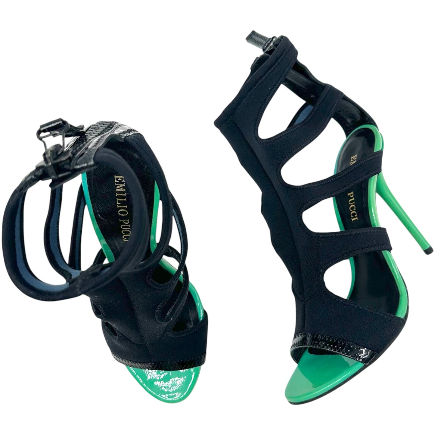 Emilio Pucci Green Patent Leather & Black Neoprene Strappy Stiletto Sandals
