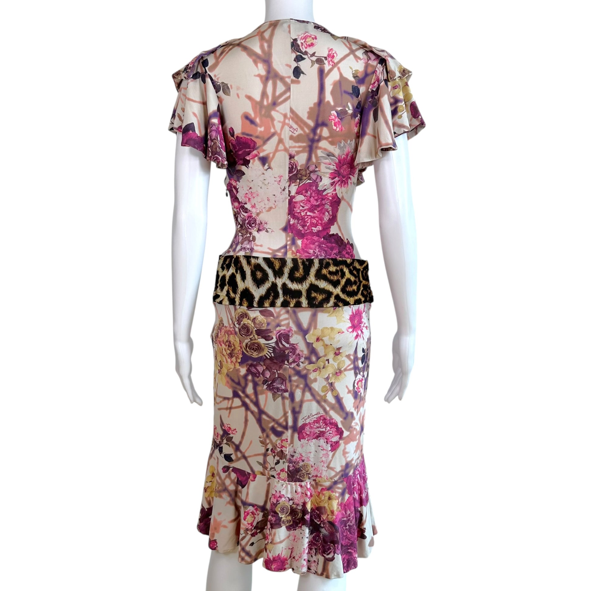 Roberto Cavalli Floral Leopard Print Ruffle Midi Dress