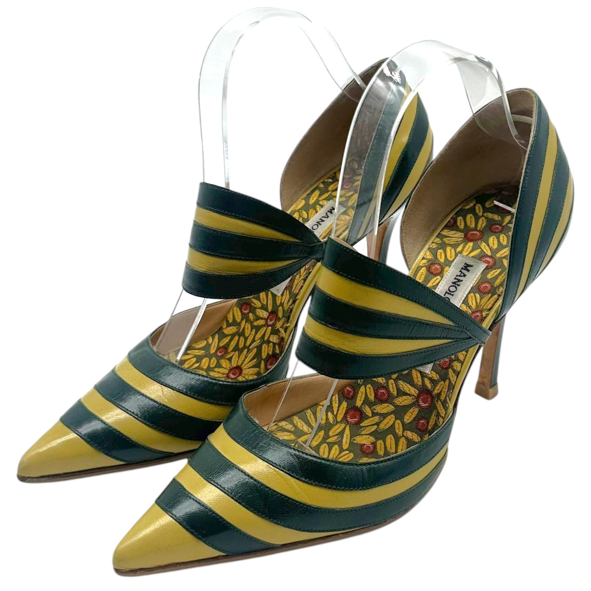 Manolo Blahnik Pointed Toe Pumps Dark Green Yellow Stripes