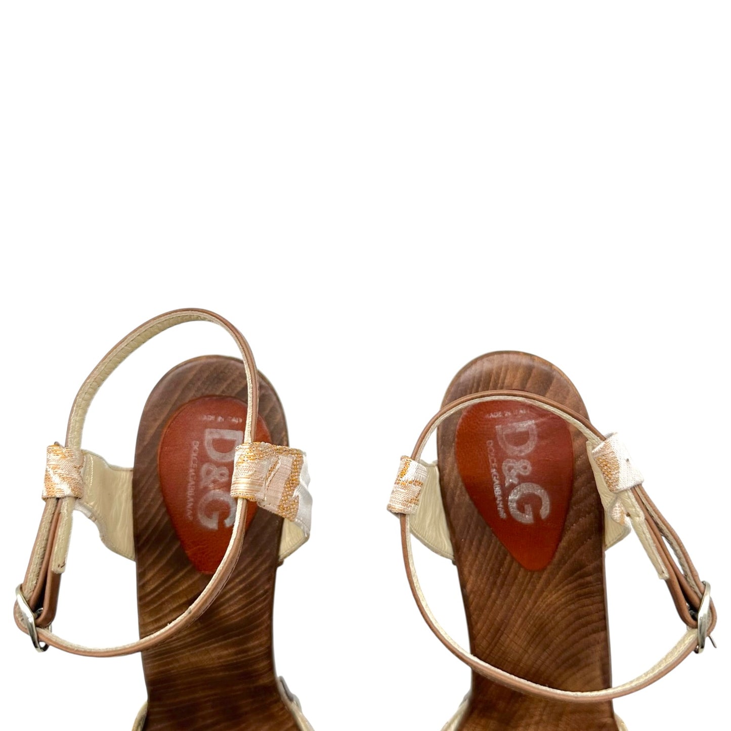 D&G Dolce & Gabbana Gold Damask & Wooden Wedge Sandals
