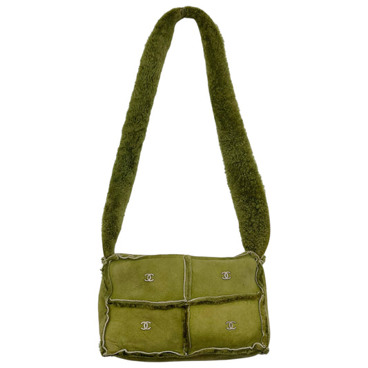 Chanel Green Shearling Crossbody Bag with Logo Accents