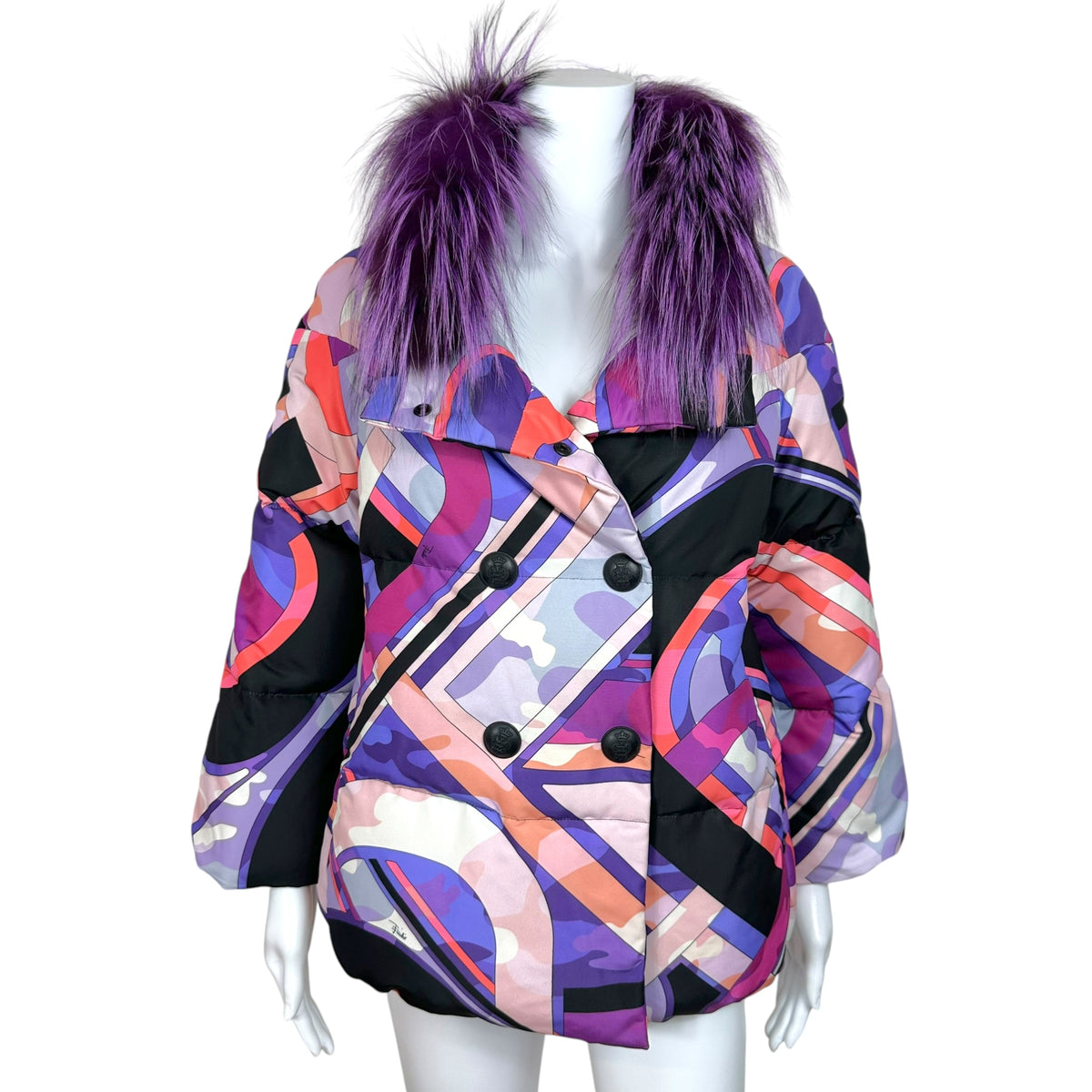 Emilio Pucci Puffer Coat Pink Purple Print Fur Collar
