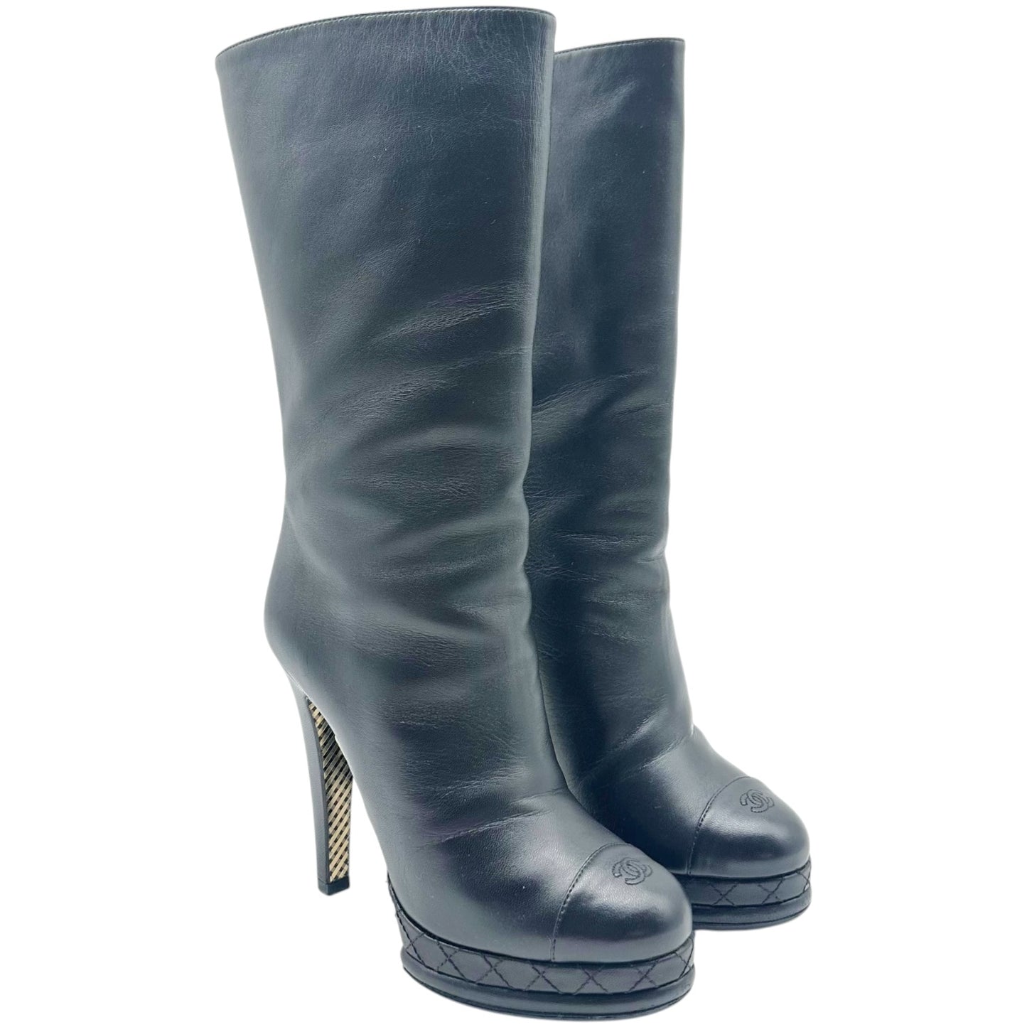 Chanel Black Leather CC Logo Toe Platform Heeled Boots