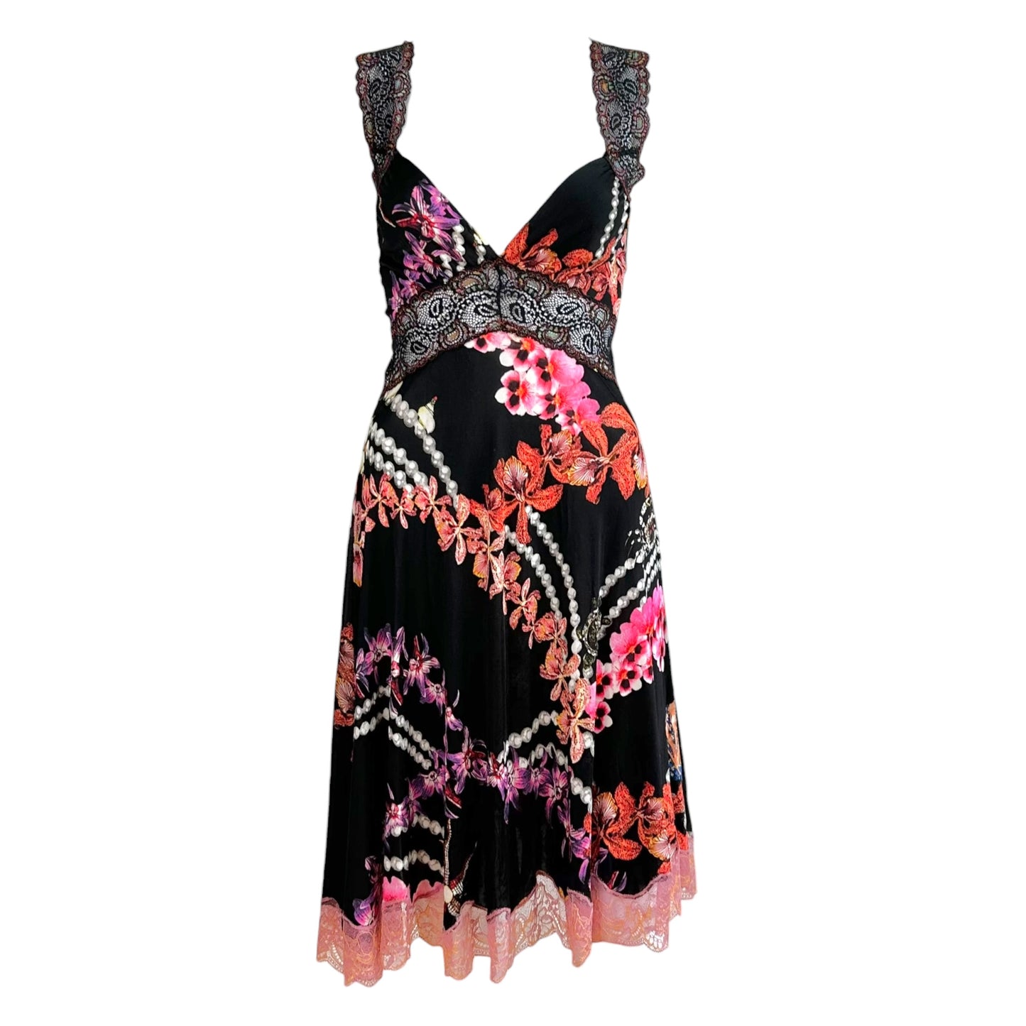 Roberto Cavalli Black Pink Floral Lace Trim Midi Dress
