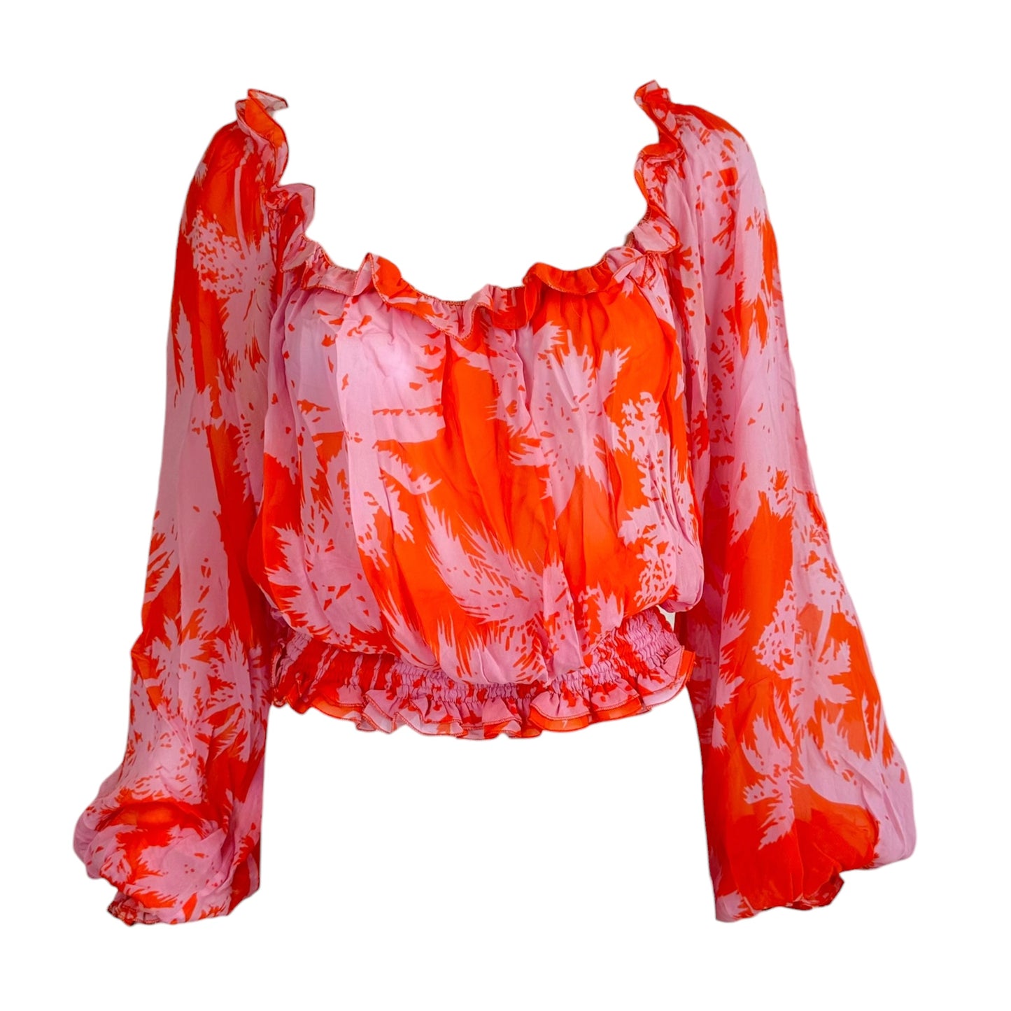 Iceberg Pink & Orange Palm Tree Print Semi-Sheer Silk Blouse