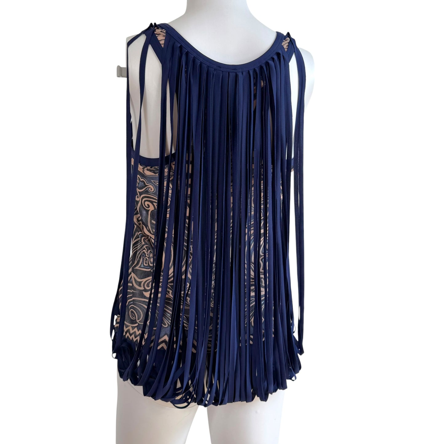 Jean Paul Gaultier Soleil Blue & Beige Tribal Print Mesh Tank w/ Fringe Overlay