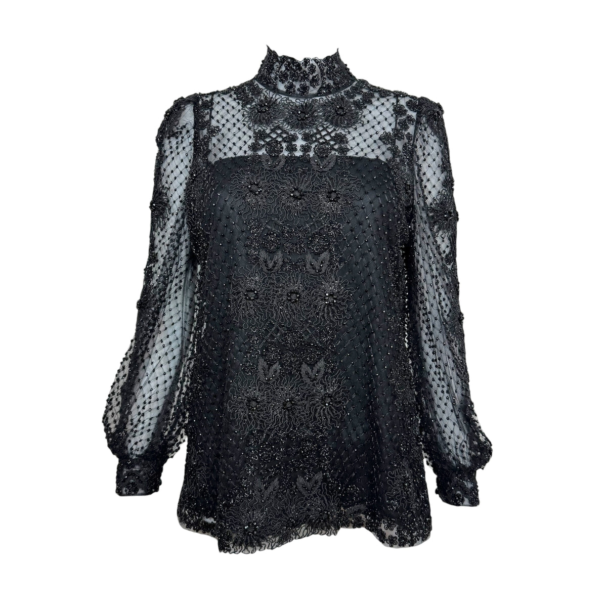 Valentino Black Beaded Lace Longsleeve Blouse
