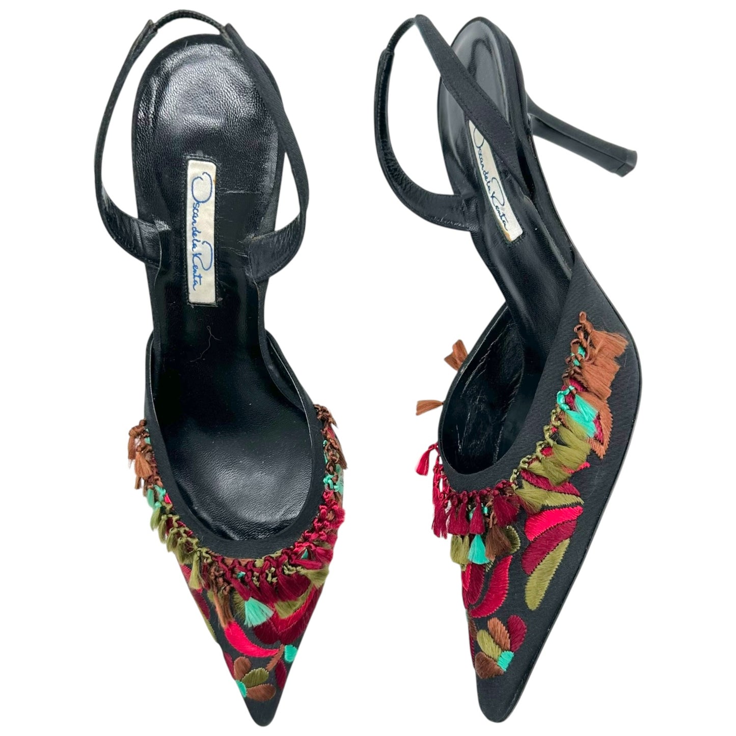 Oscar de la Renta Embroidered Floral & Tassle Slingback Heels