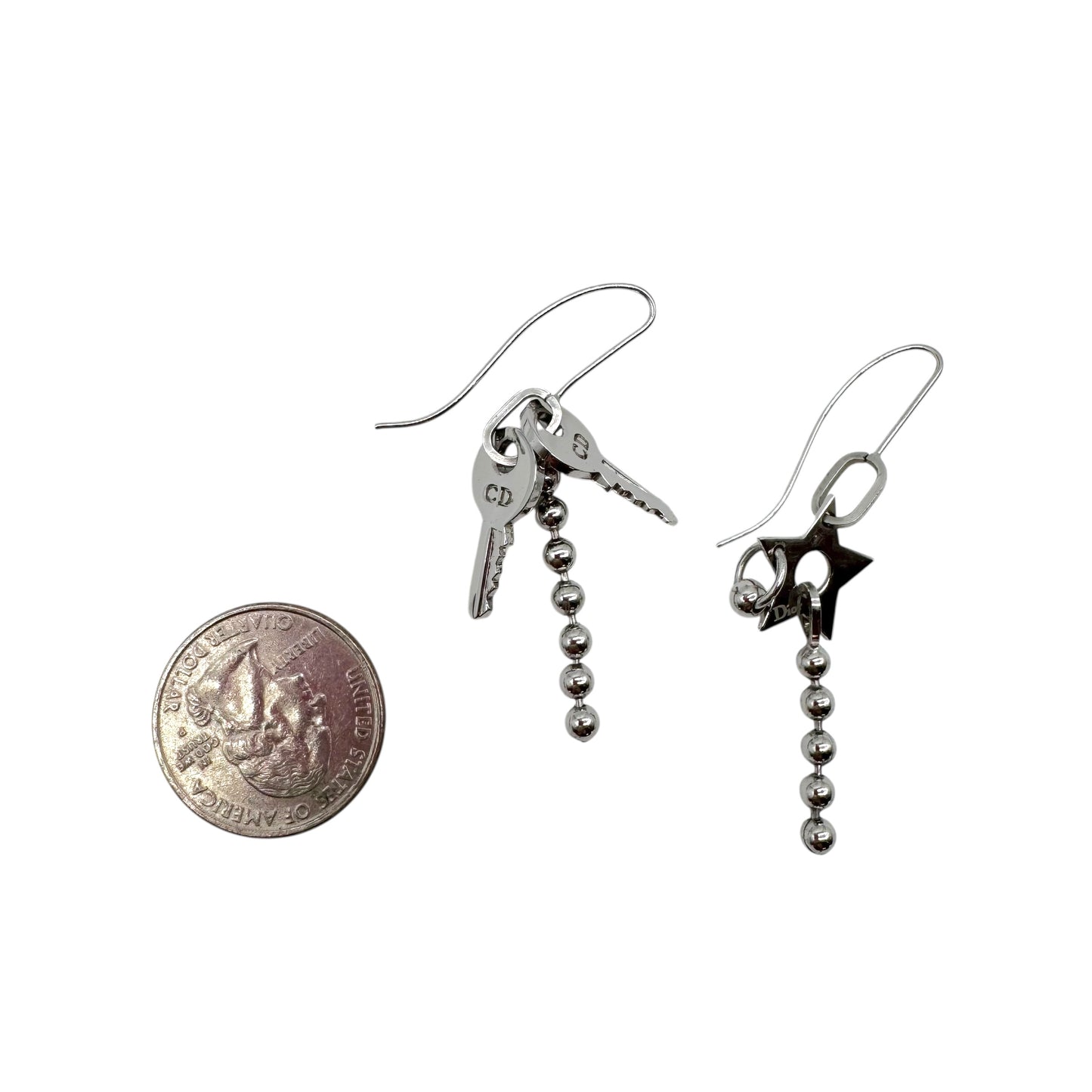Christian Dior Silver Star & Key Logo Dangly Earrings