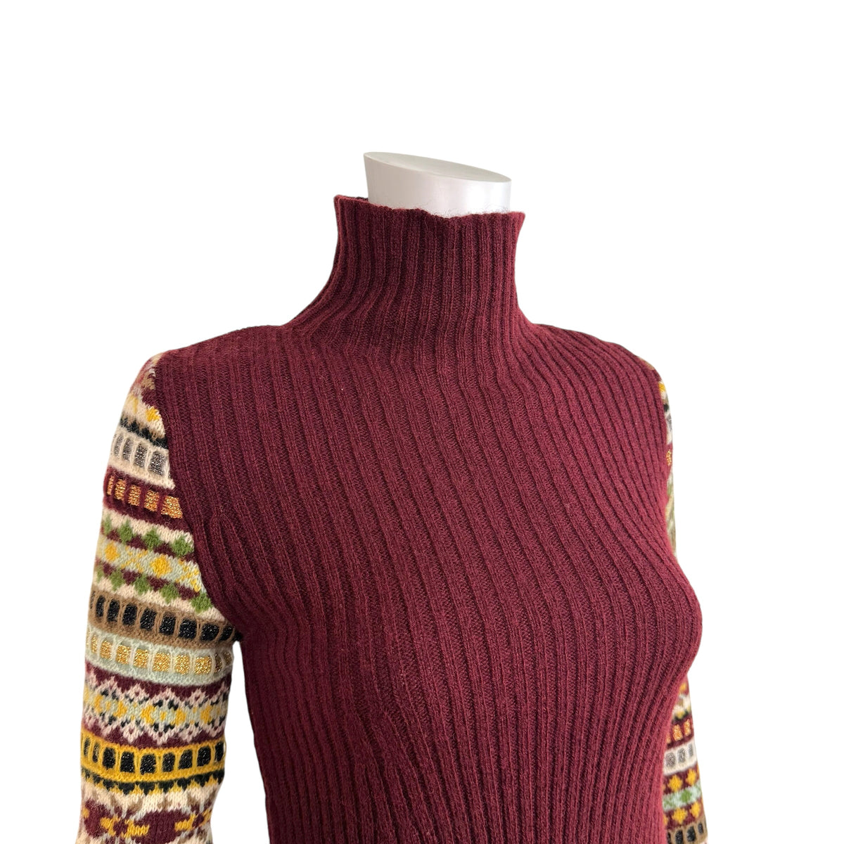Jean Paul Gaultier Burgundy Wool Knit Nordic Sleeve Turtleneck Mini Dress