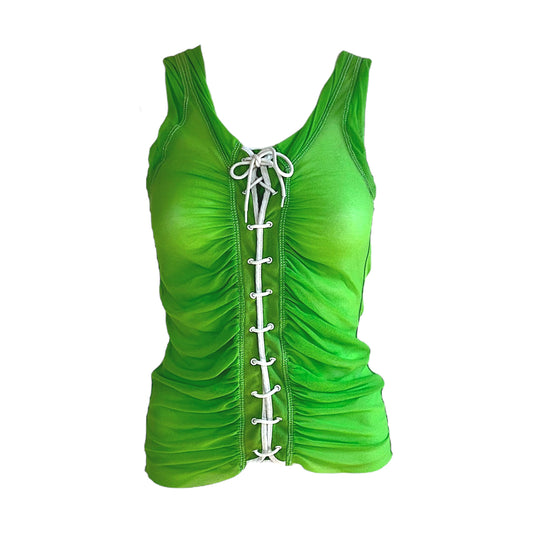Jean Paul Gaultier Soleil Bright Green Lace Up Mesh Tank Top - Outfit Repeater