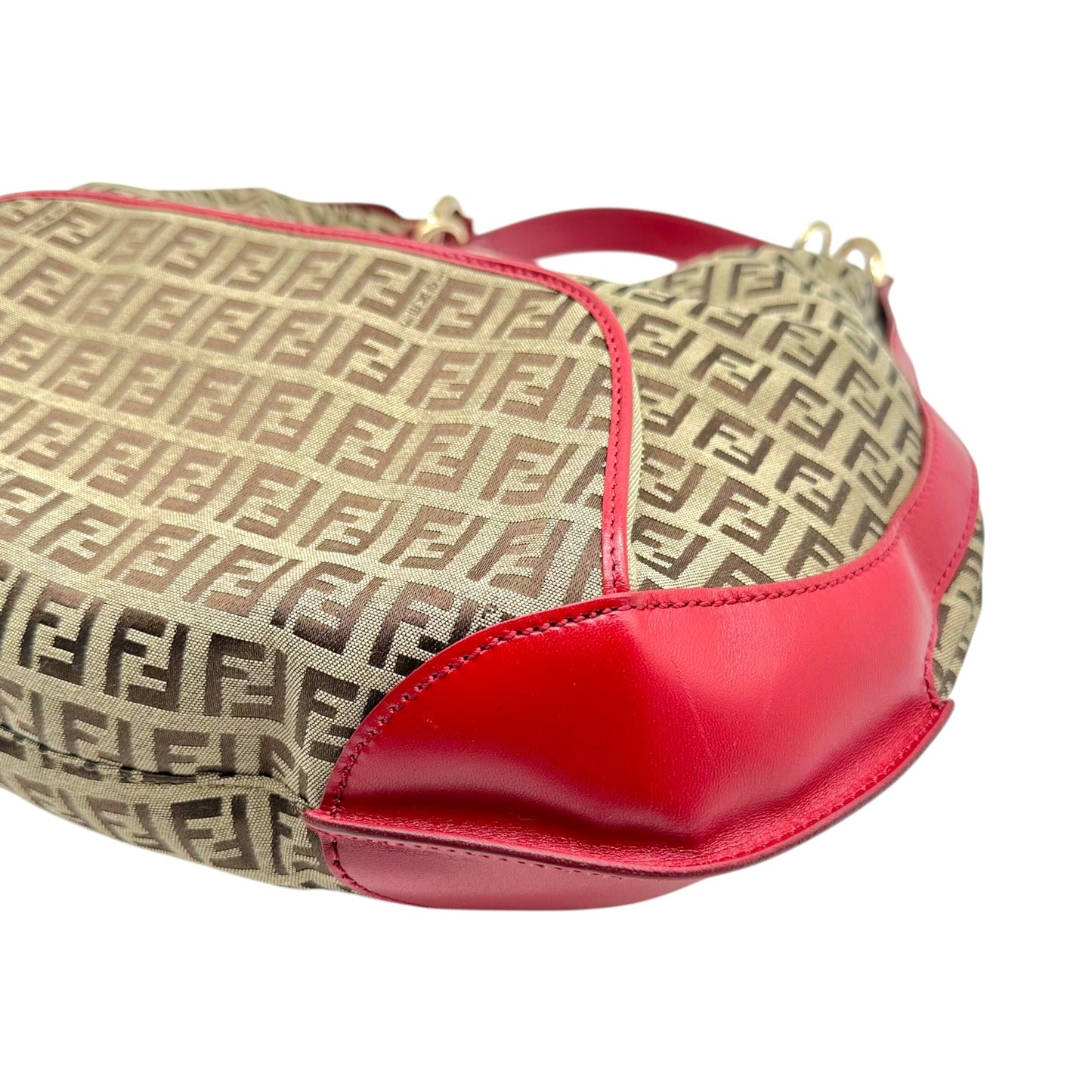 Fendi Tan Zucchino & Red Leather Crescent Hobo Shoulder Bag