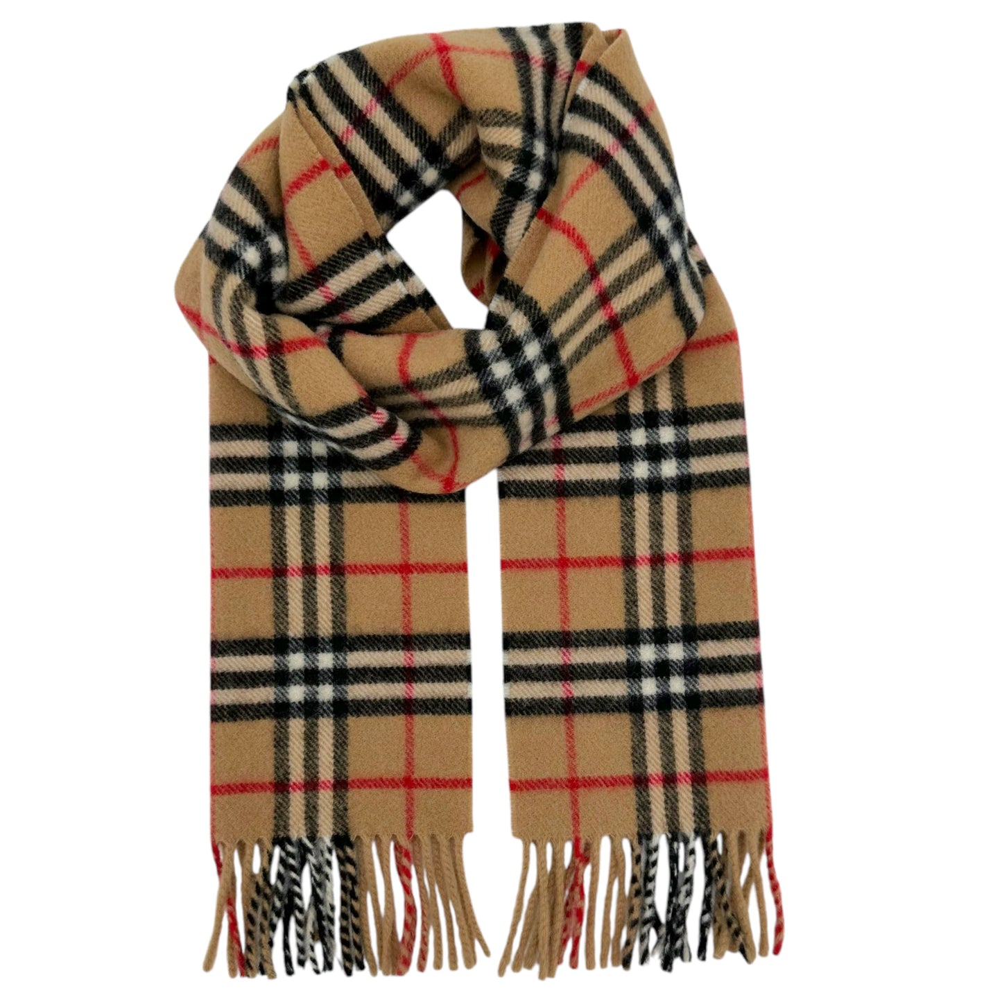 Burberry Wool Scarf Tan Plaid with Fringe Detail