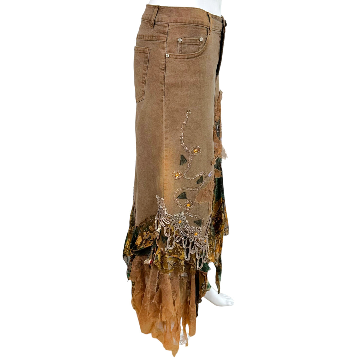 Vintage Brown Silk Denim Sequin Midi Skirt