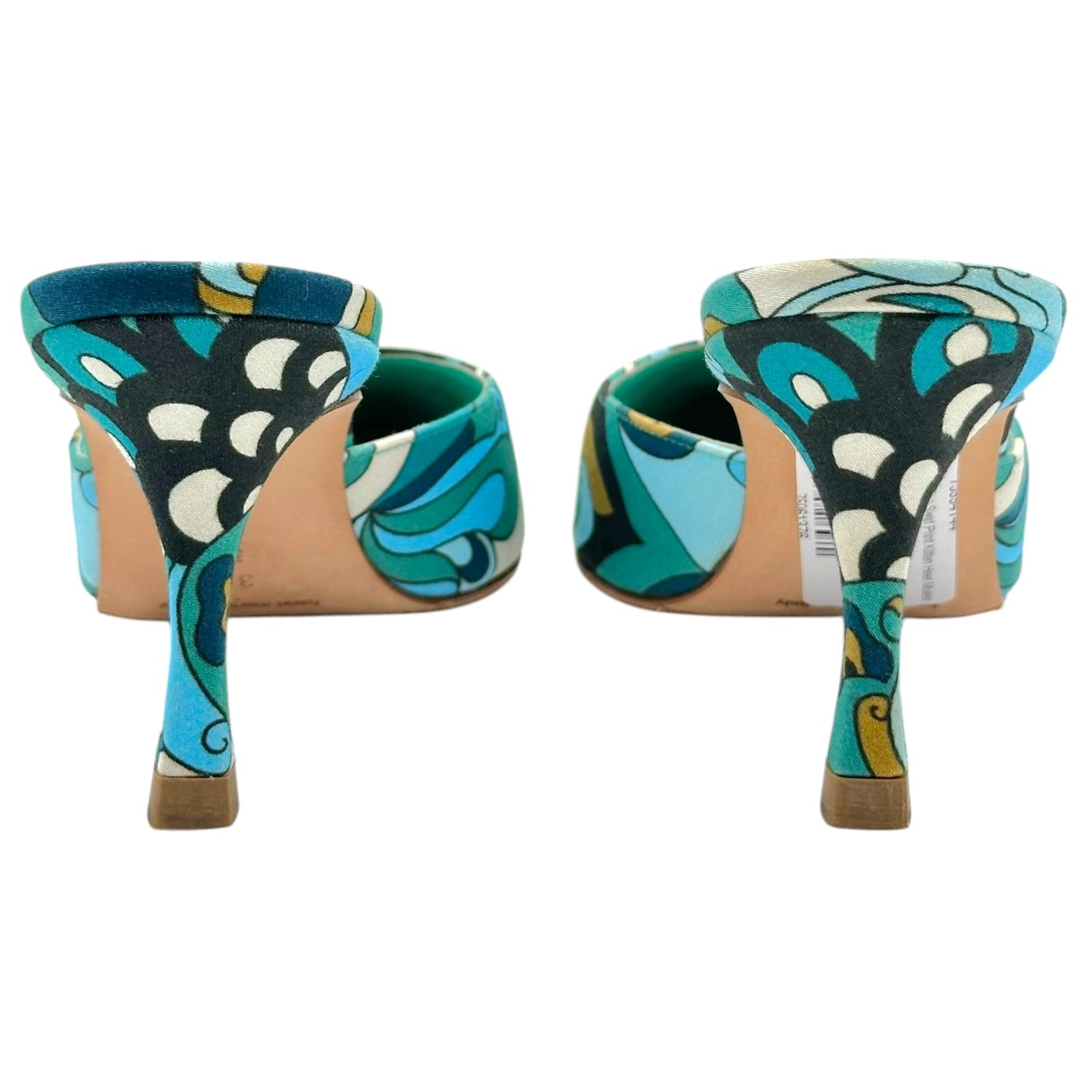 Manolo Blahnik Turquoise Swirl Print Kitten Heel Mules