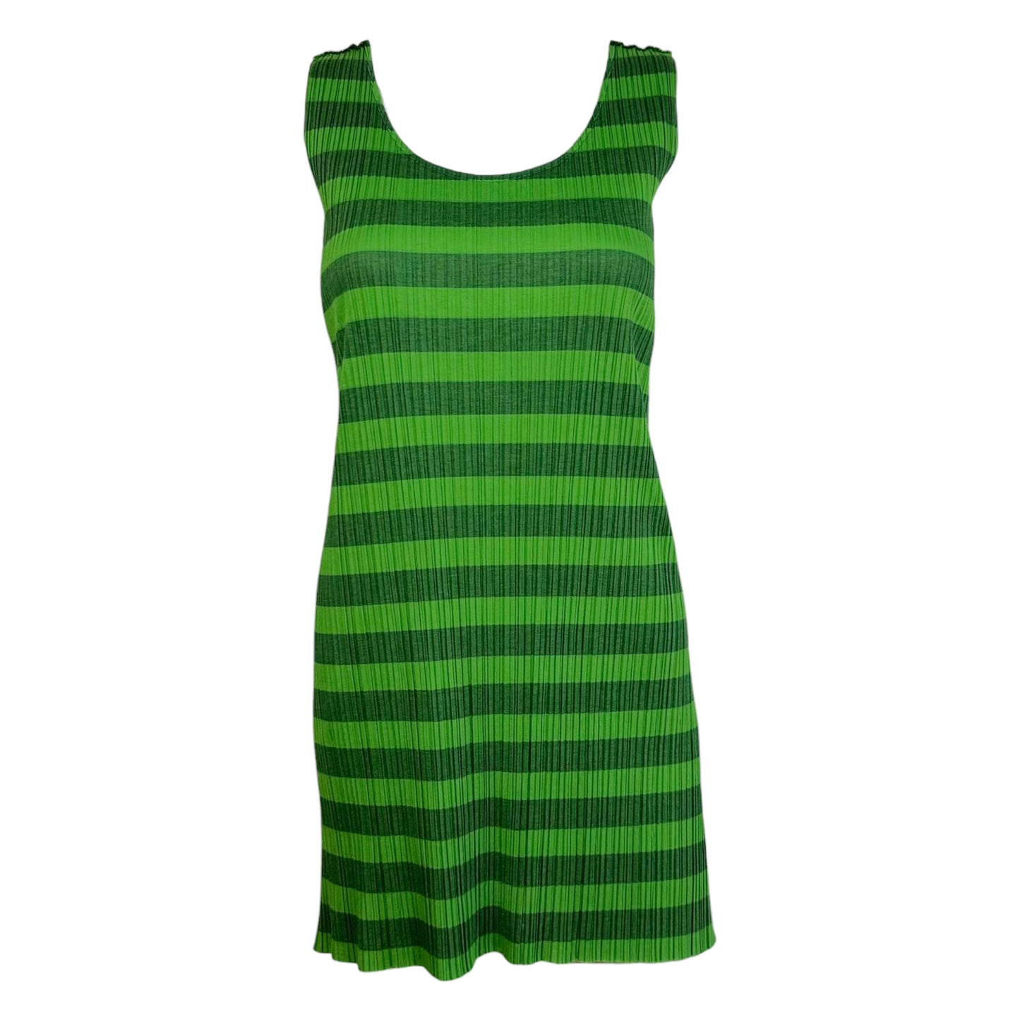 Issey Miyake Pleats Please Green Striped Sleeveless Pleated Mini Dress