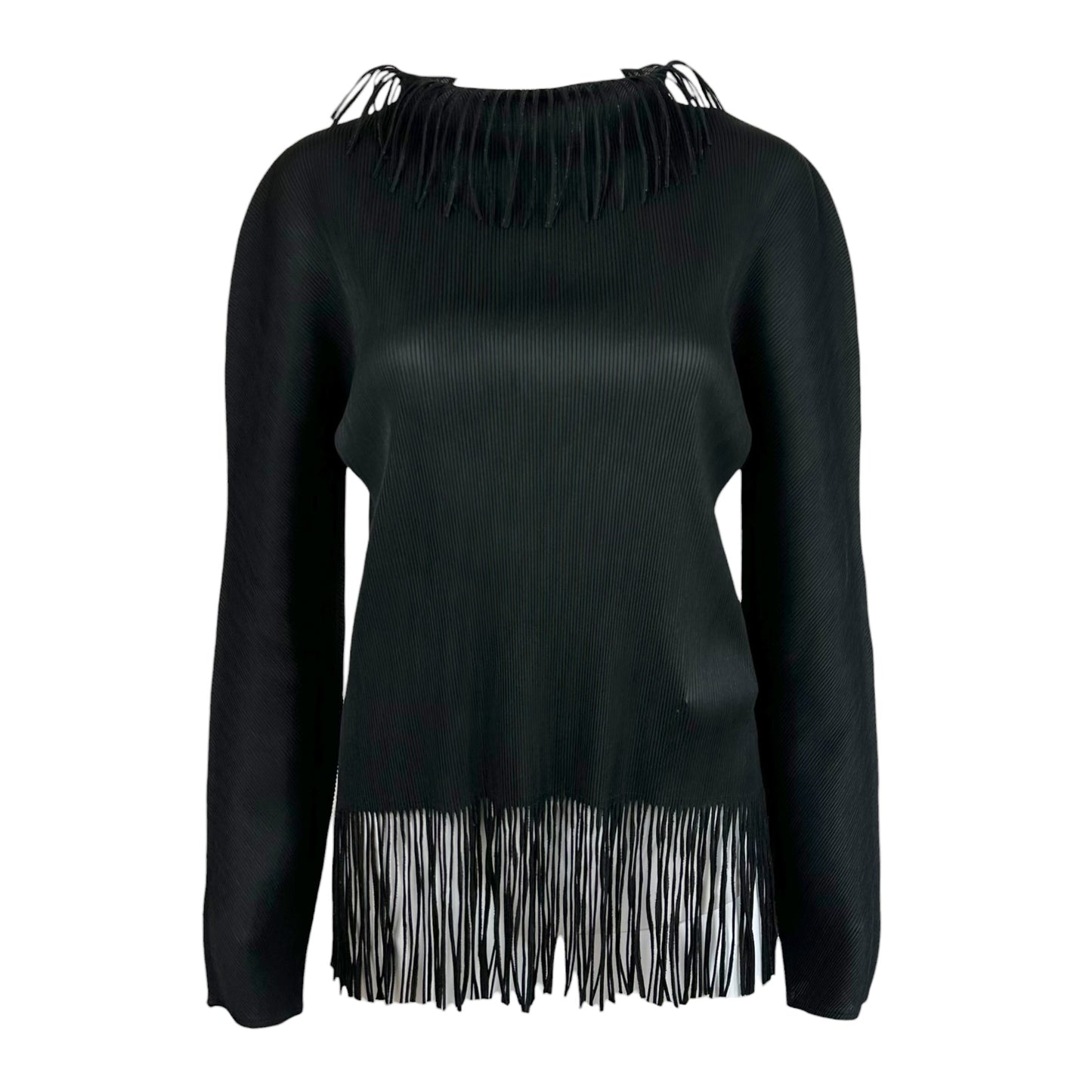 Issey Miyake Pleats Please Black Fringe Trim Pleated Longsleeve Blouse