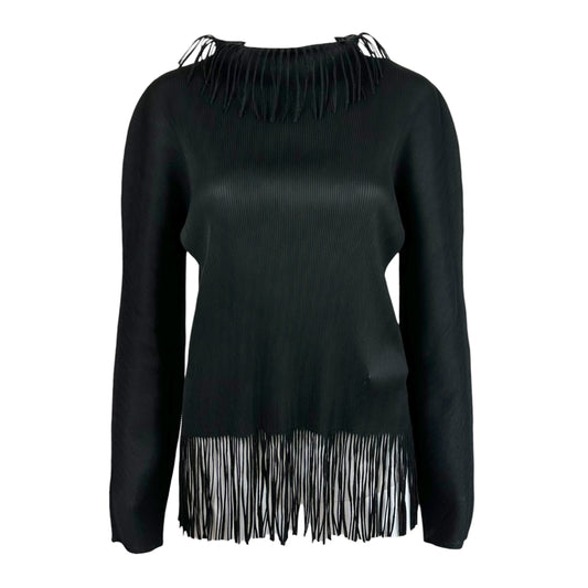 Issey Miyake Pleats Please Black Fringe Trim Pleated Longsleeve Blouse