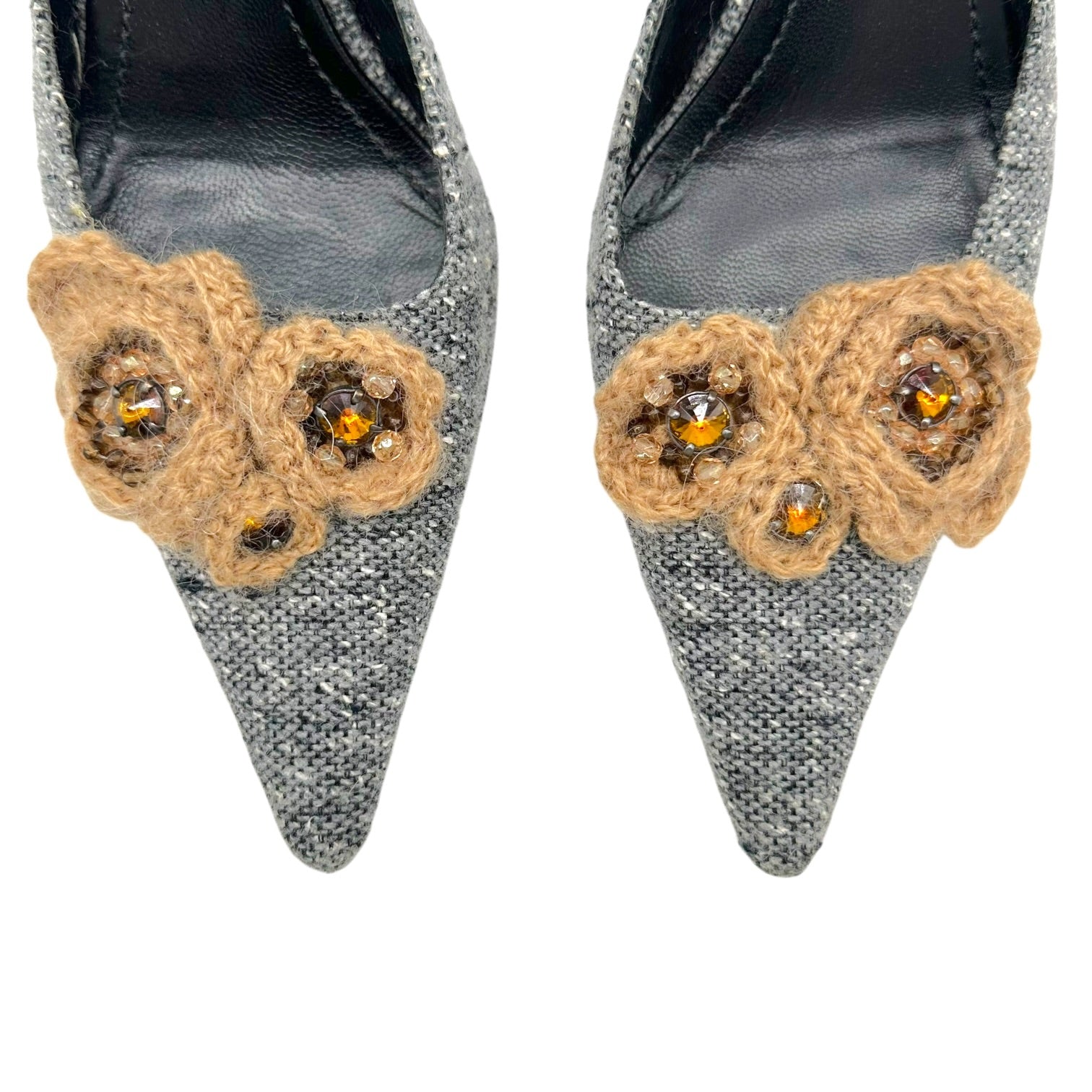 Casadei Kitten Heel Mules Gray Tweed Knit