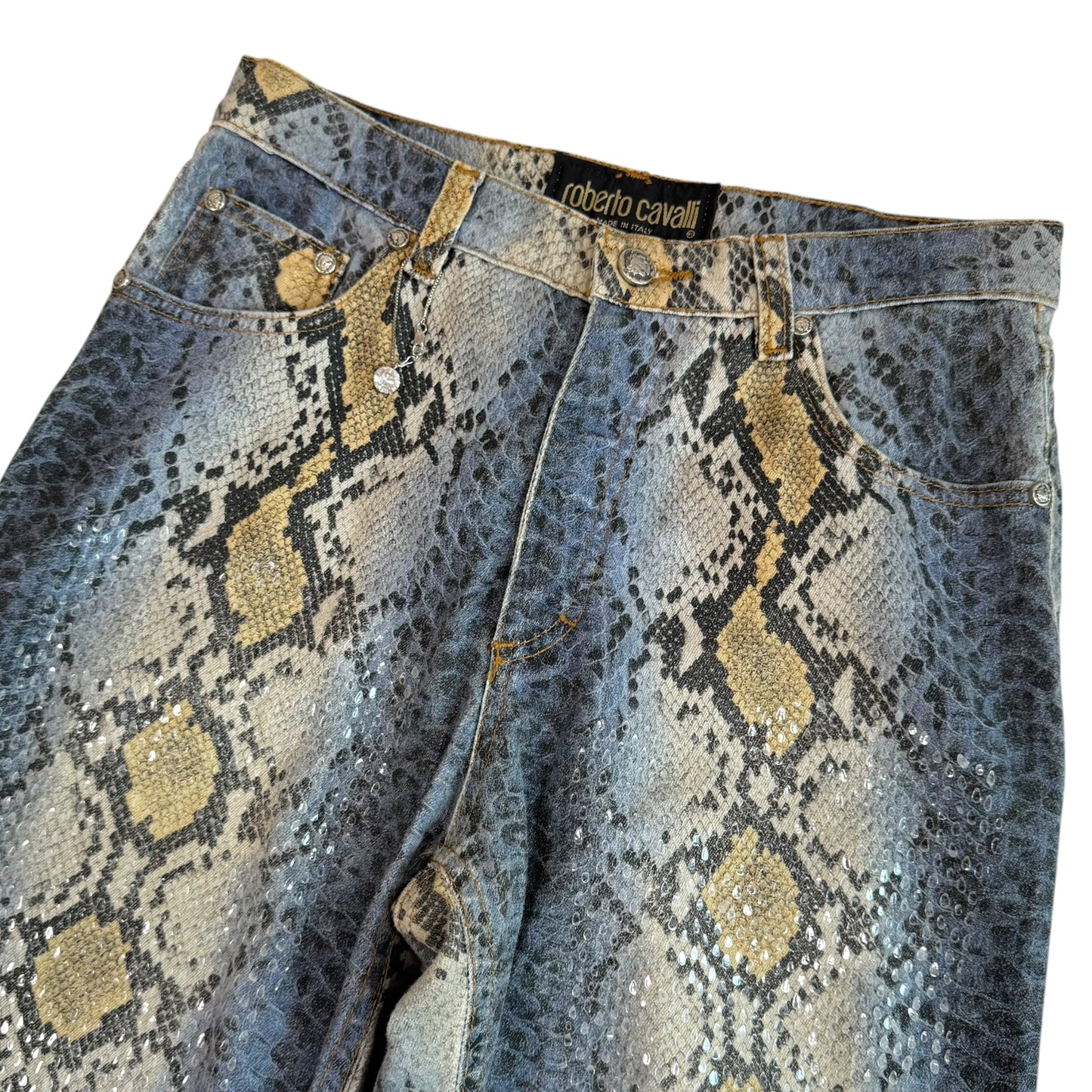 Roberto Cavalli Blue Snakeskin Print Sequin Jeans