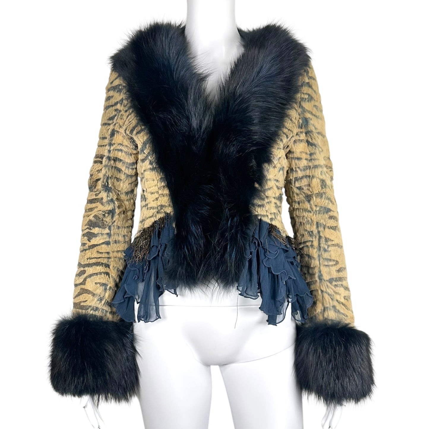 Vintage Blue Fox Fur & Silk Ruffle Trim Tiger Print Jacket