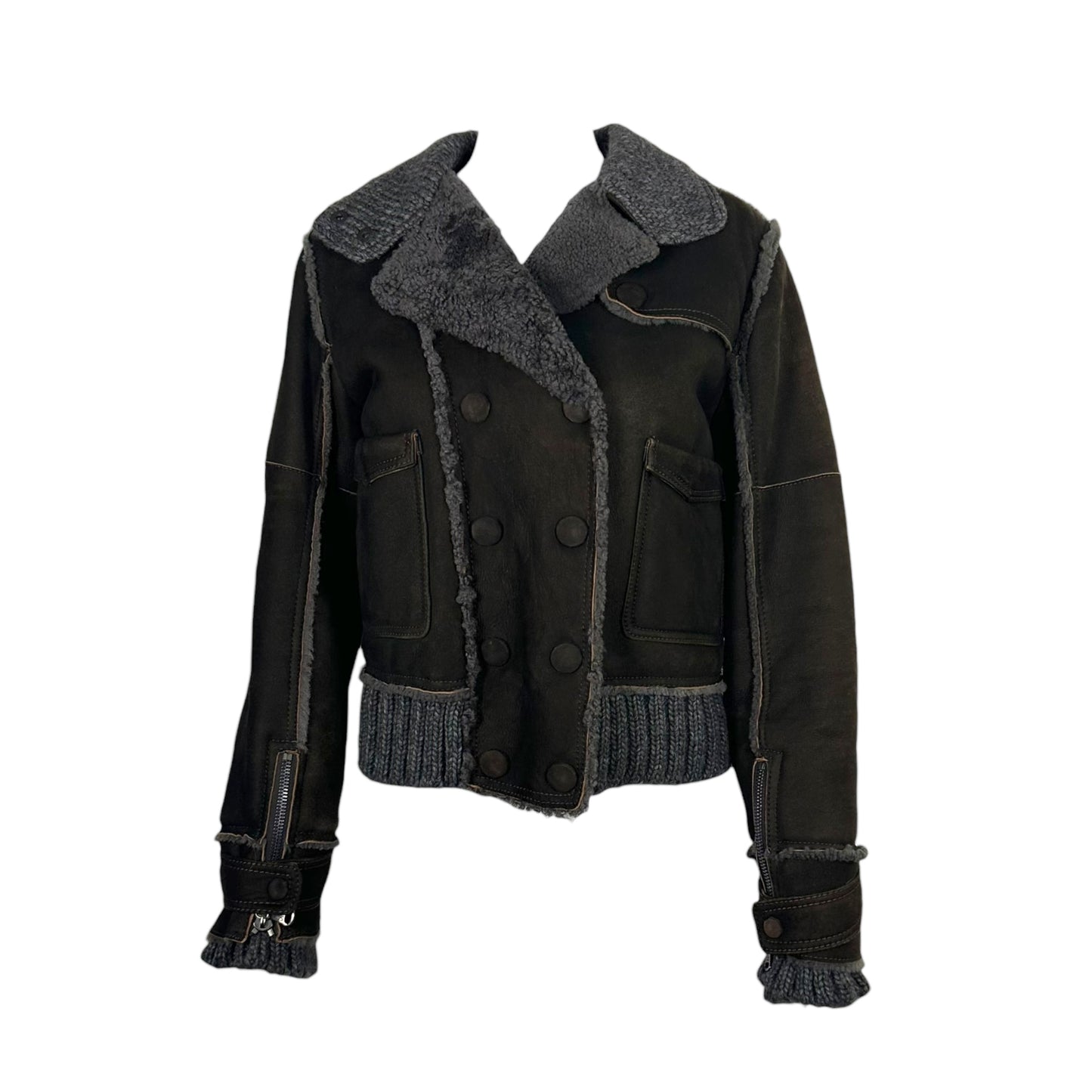 D&G Dolce & Gabbana Brown & Gray Shearling Knit Trim Jacket