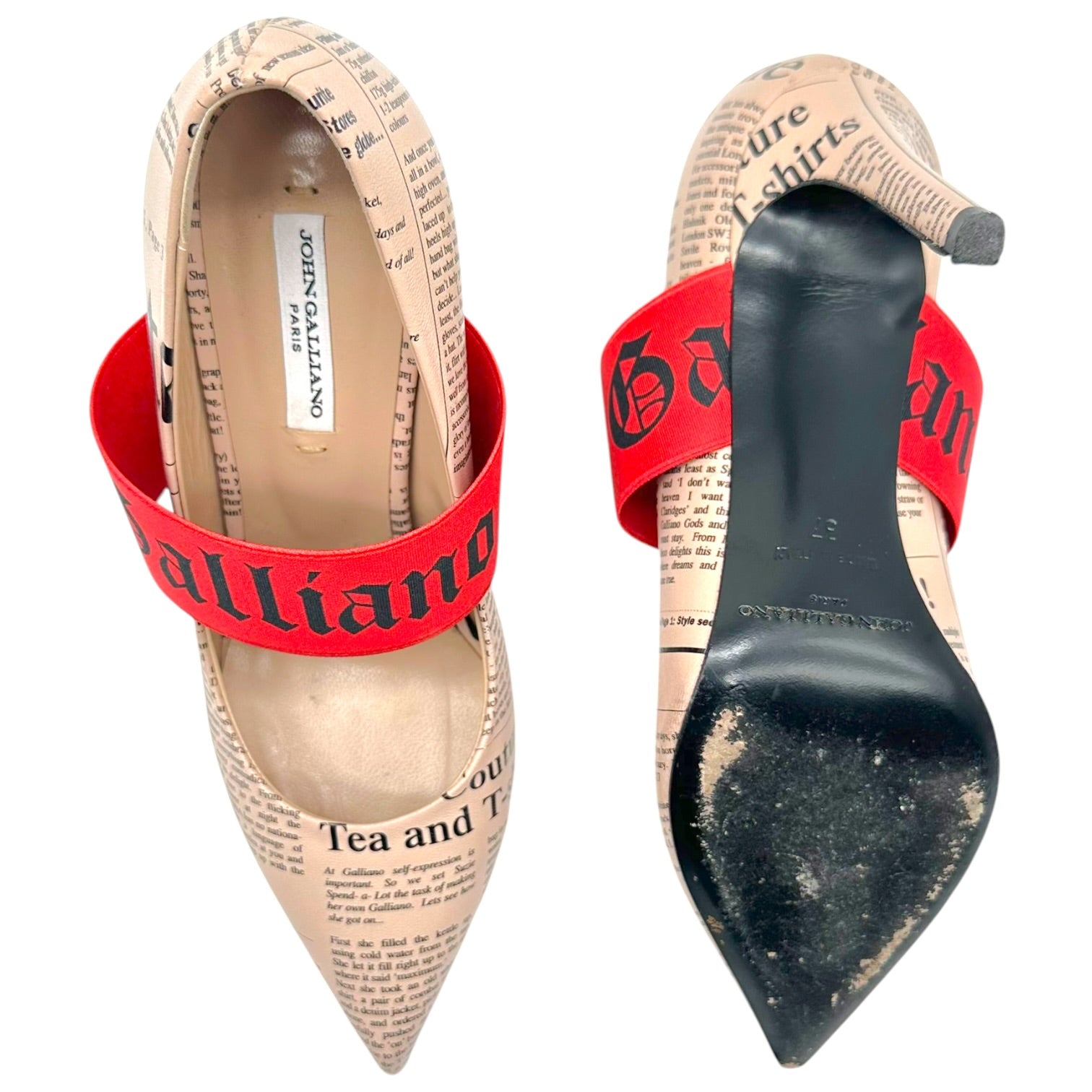 John Galliano Pointed Toe Heels Nude Newsprint Red Straps