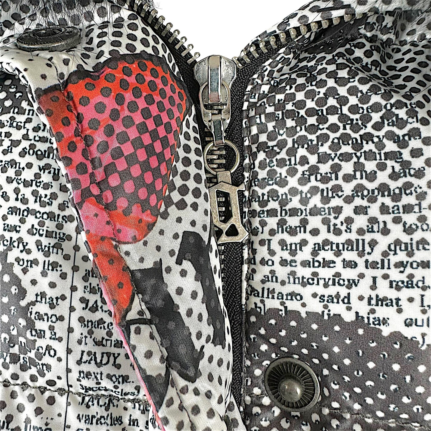 John Galliano Gazette Print Down Puffer Coat w/ Fox Fur Collar