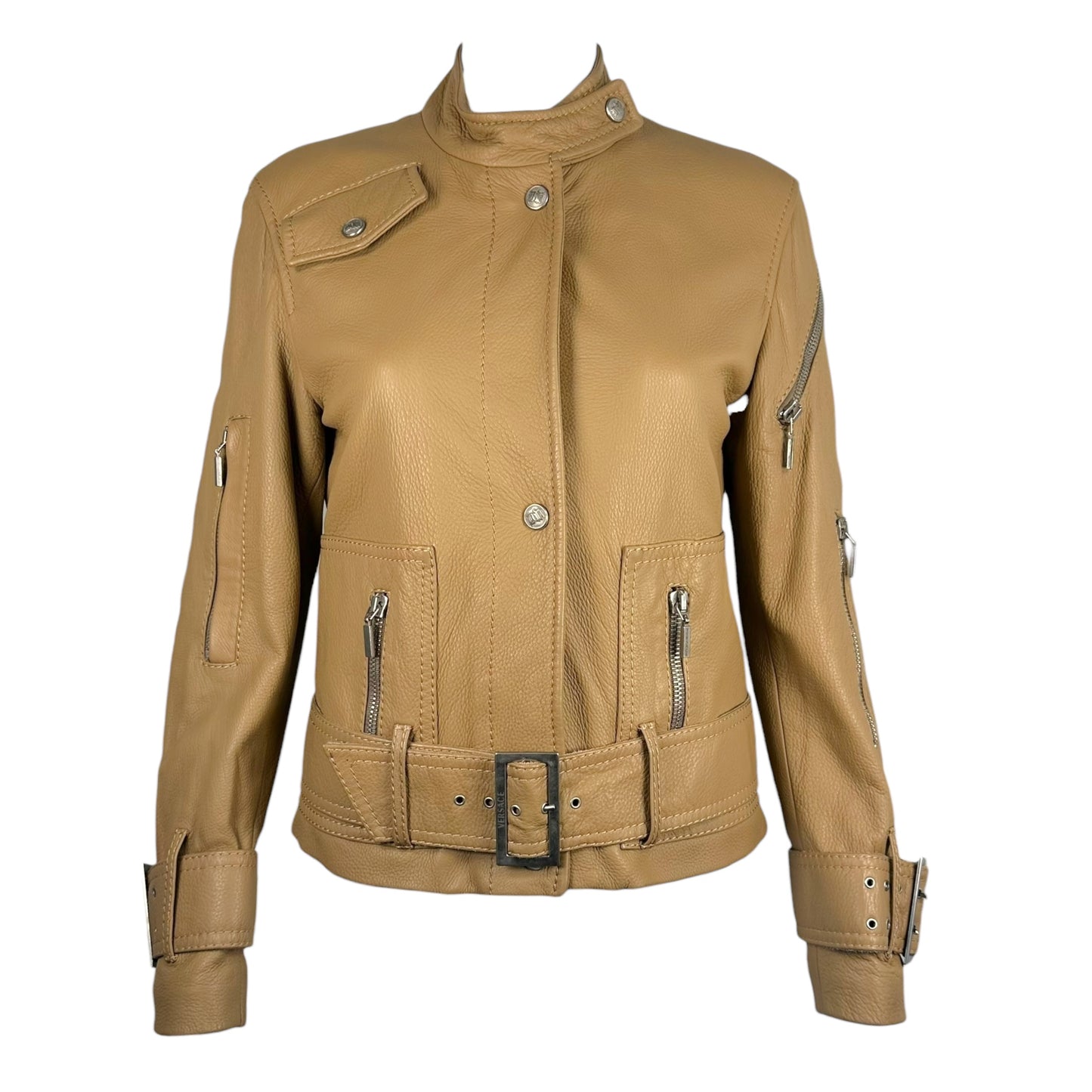 Versace Tan Leather Studded Oversized Biker Jacket