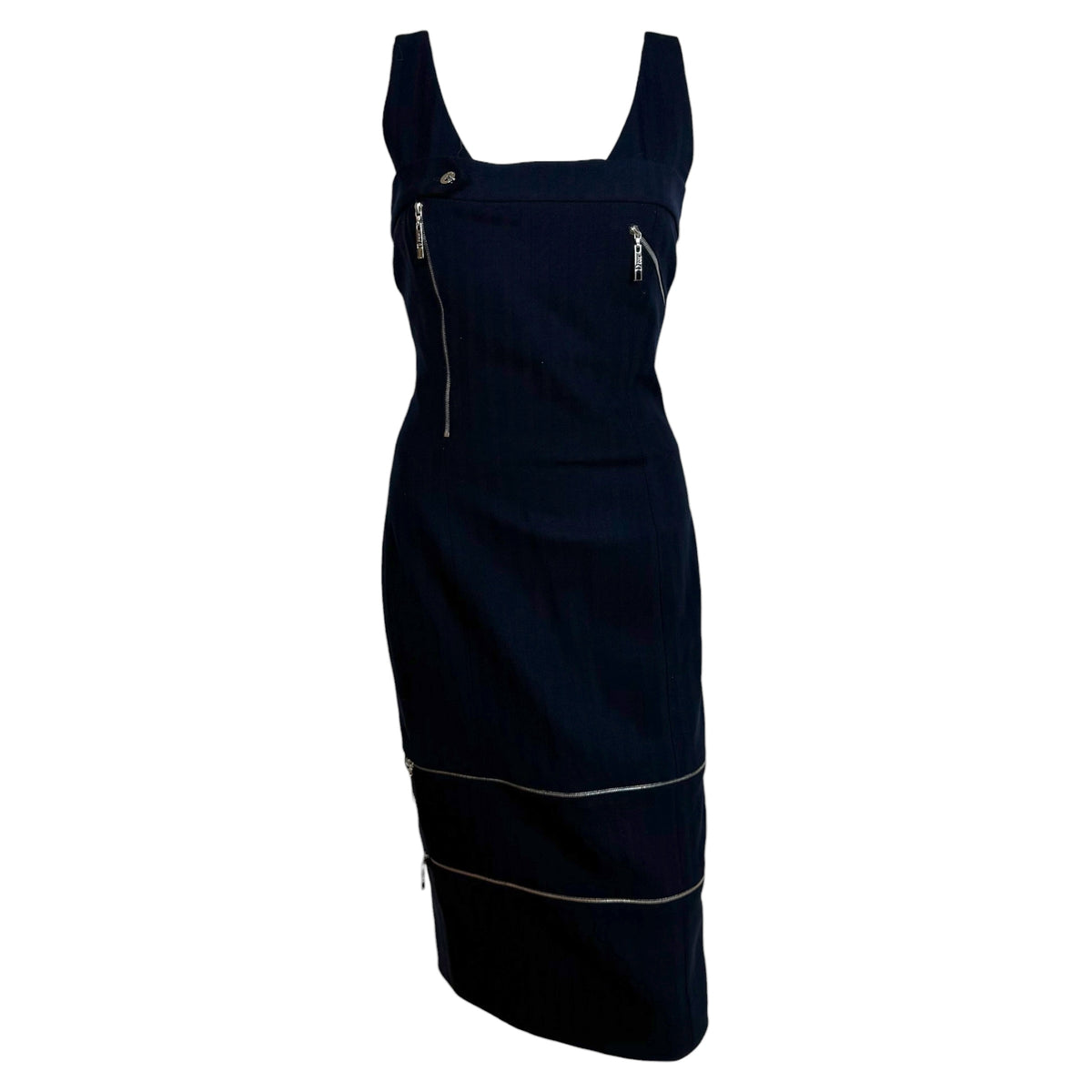 Christian Dior Navy Blue Wool Midi Dress Multi-Zip