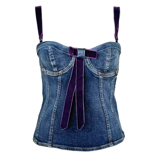 D&G Dolce & Gabbana Dark Wash Denim & Purple Velvet Bow Corset Top