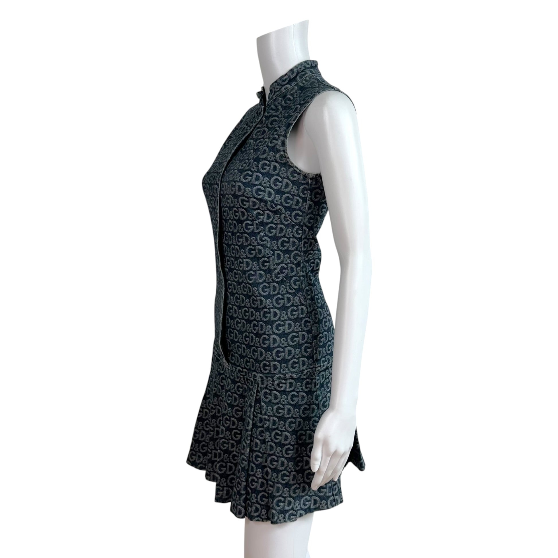 D&G Pleated Denim Mini Dress All-Over Logo Pattern