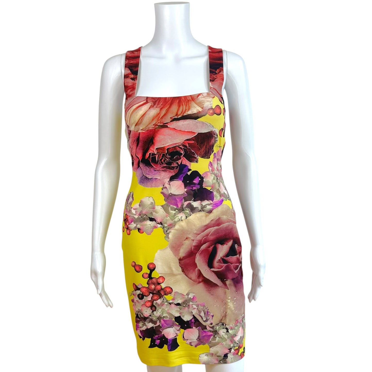 Roberto Cavalli Bright Yellow & Purple Floral Print Cross-Back Mini Dress