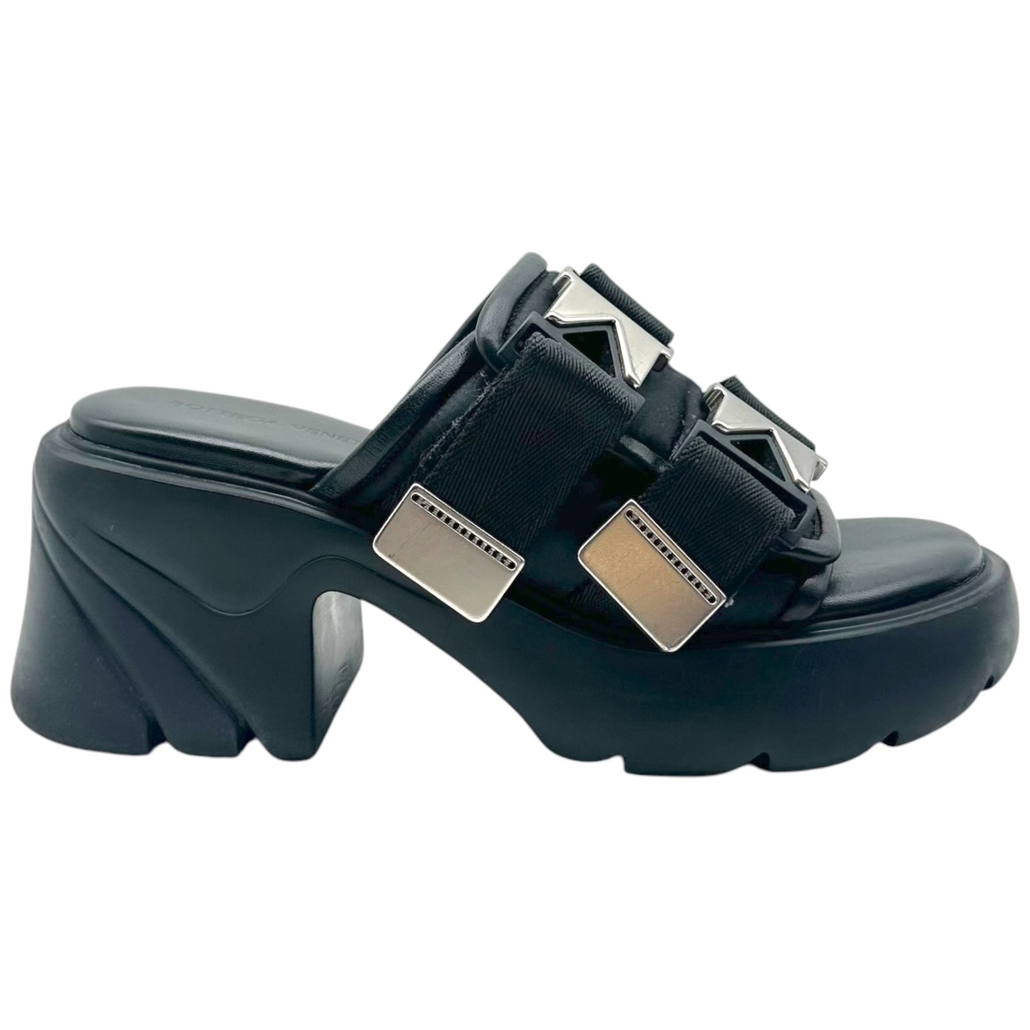 Bottega Veneta Black Silver Platform Heeled Slide Sandals