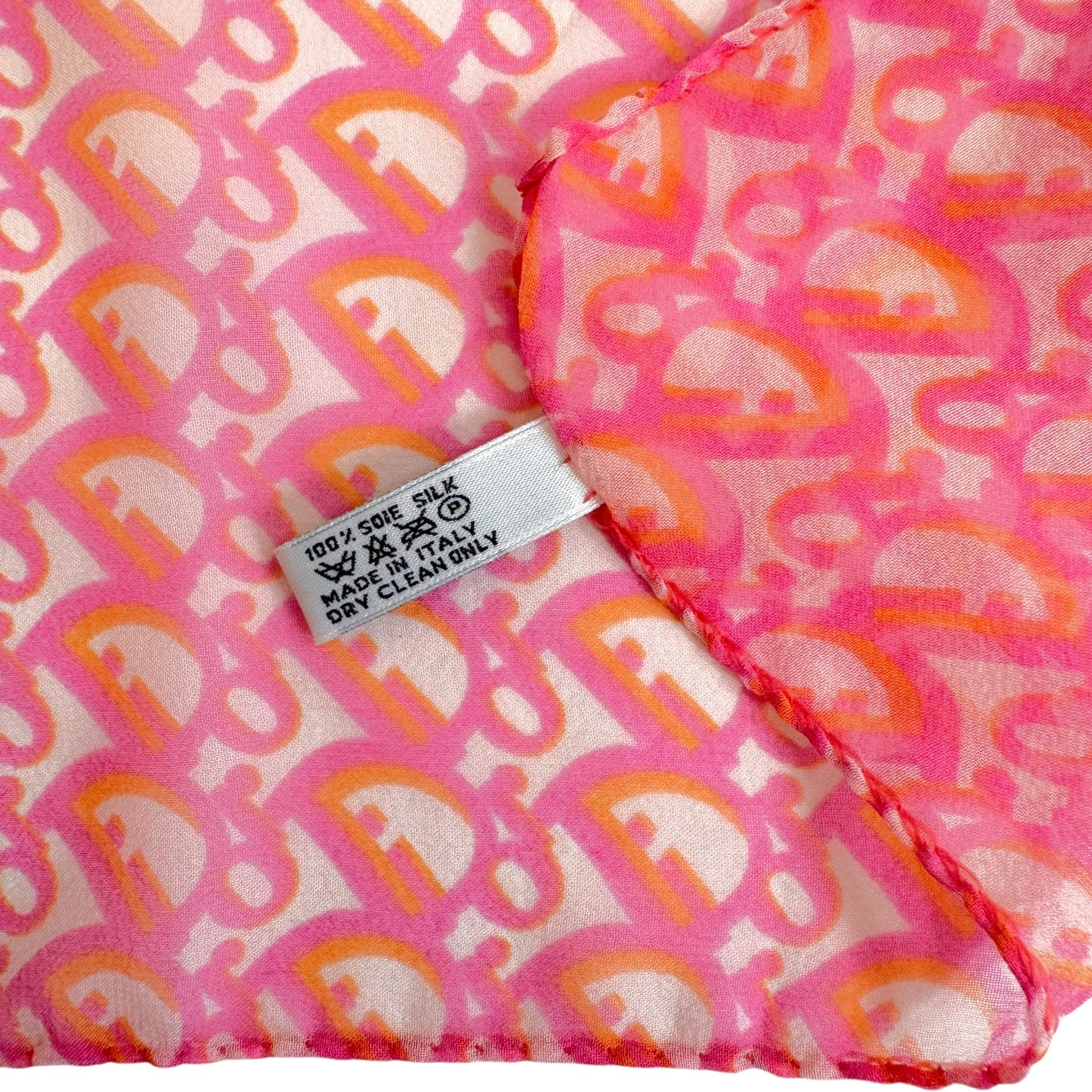 Christian Dior Bright Pink & Orange Trotter Monogram Print Sheer Square Silk Scarf