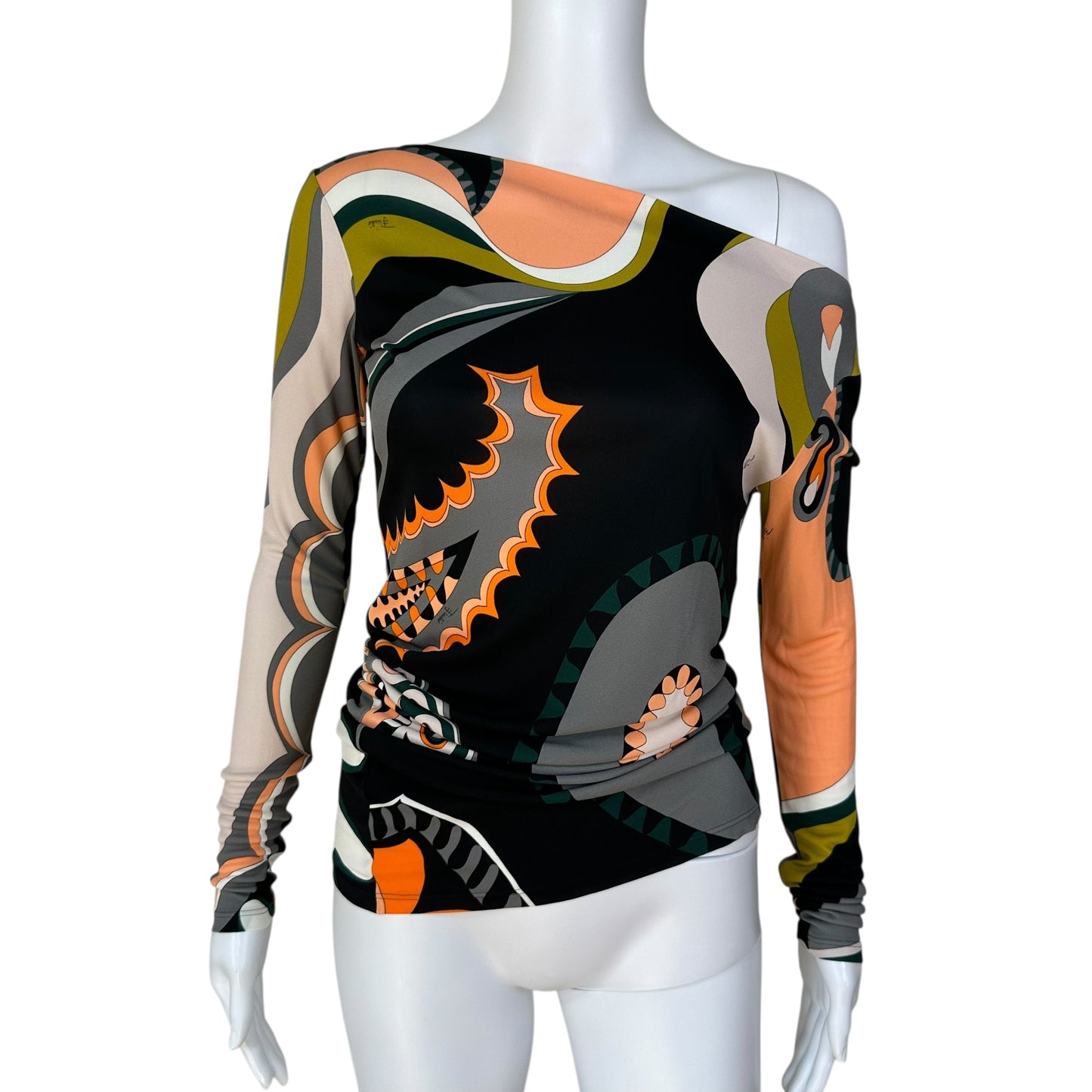 Emilio Pucci Orange & Black Printed Asymmetrical Long Sleeve Top - Outfit Repeater