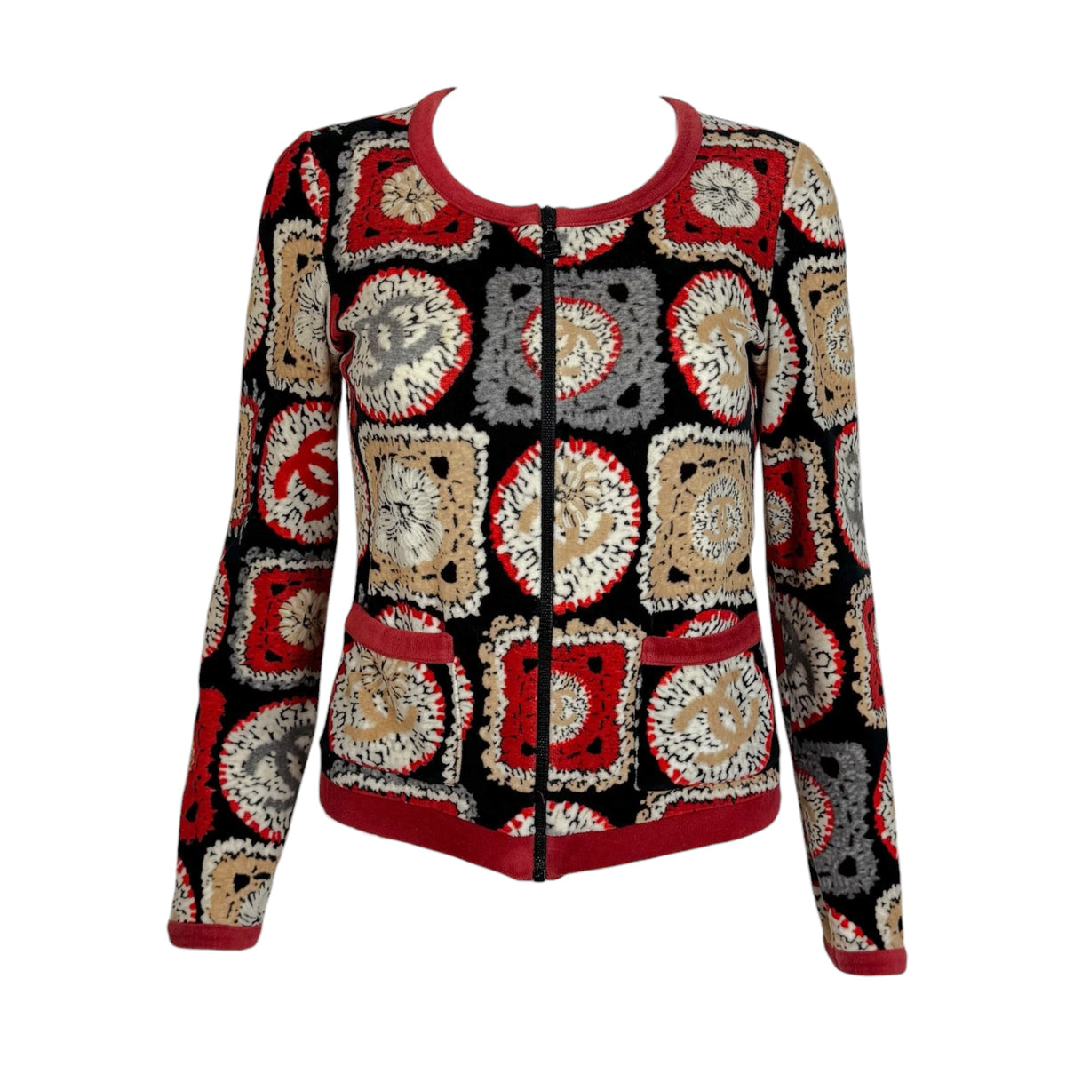 Chanel Spring 2009 Velour Crochet Square Logo Print Velour Zip-Up Top