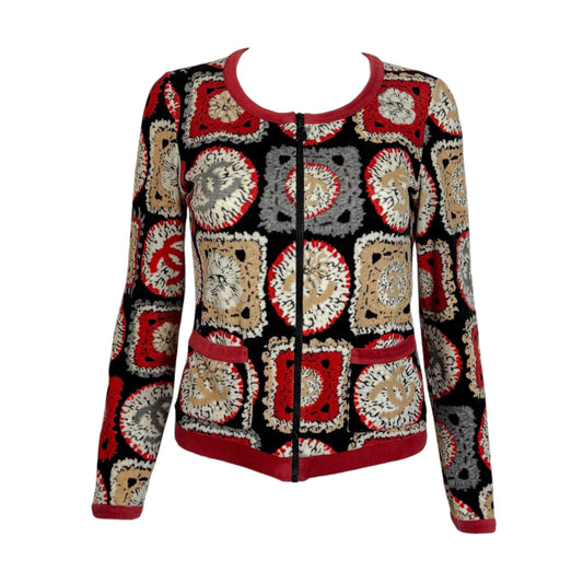 Chanel Velour Zip-Up Top Red Crochet Logo Print