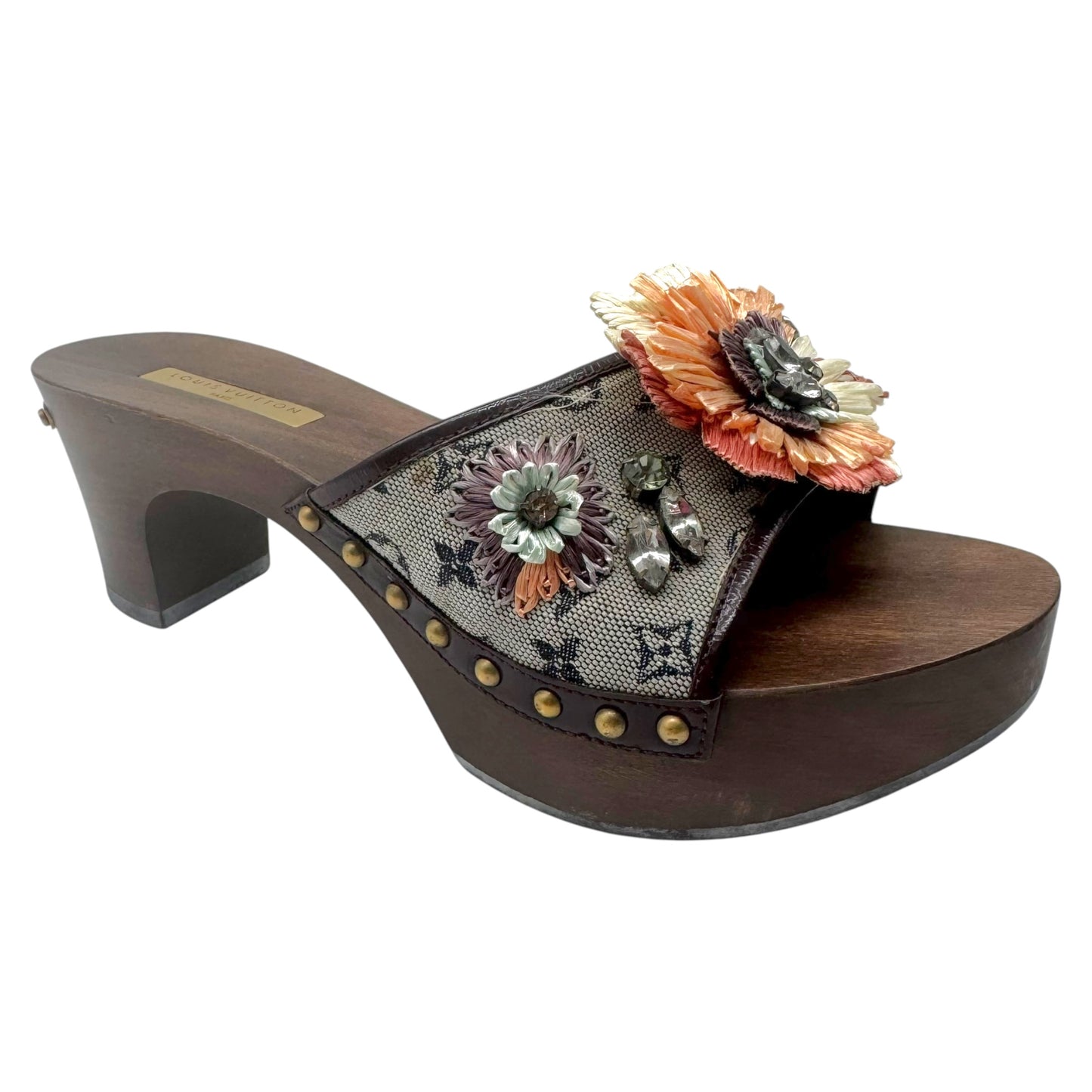 Louis Vuitton Lin Monogram & Sequin Raffia Flower Wooden Kitten Heel Mules