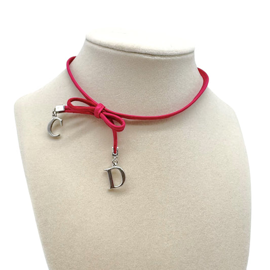 Christian Dior Pink Leather Bow Choker Necklace