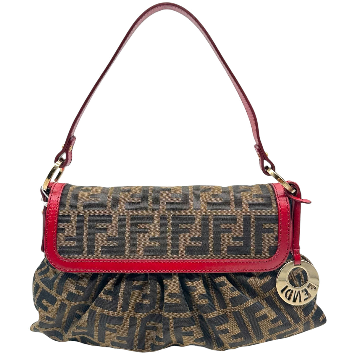 Fendi Medium Chef Shoulder Bag Zucca Monogram Red Leather