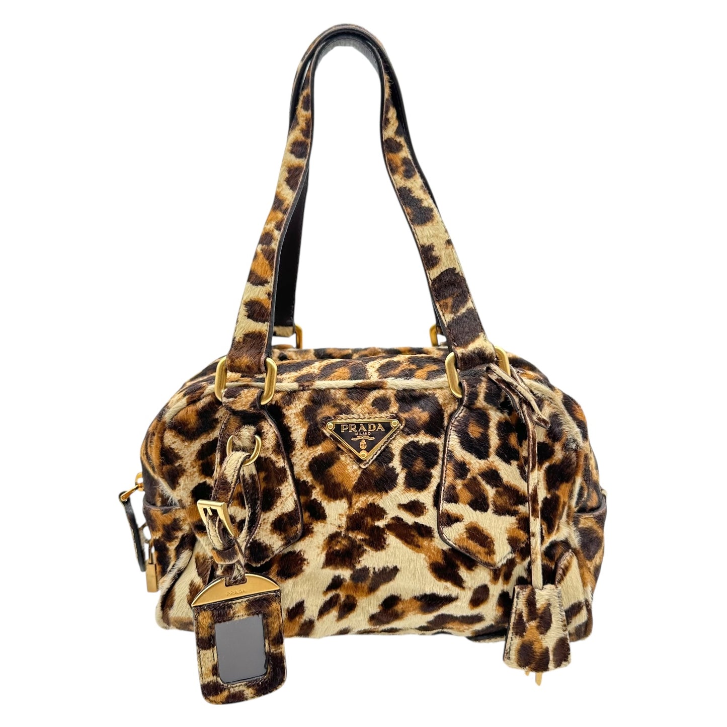 Prada Leopard Print Ponyhair Boston Bag