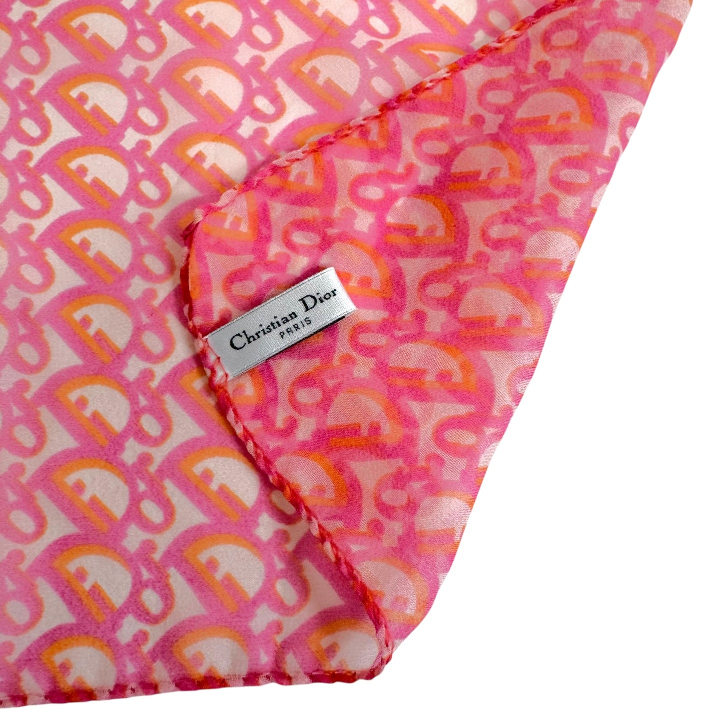 Christian Dior Bright Pink & Orange Trotter Monogram Print Sheer Square Silk Scarf