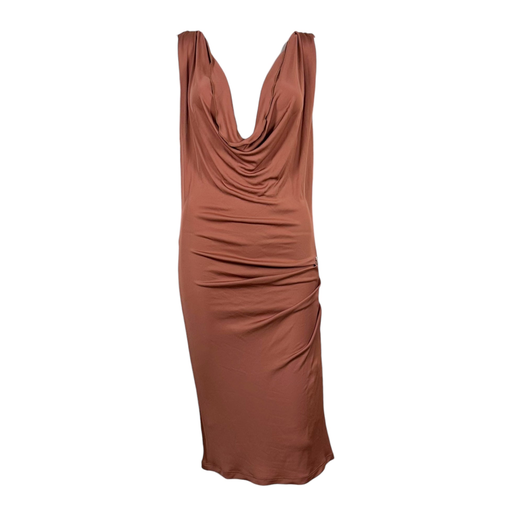 Galliano Midi Dress Terracotta Cowl Neck Open Back