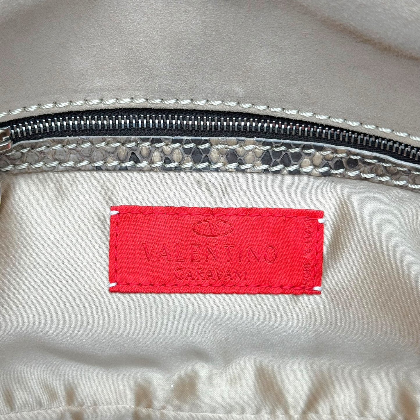Valentino Garavani Light Brown Python & Rhinestone Mother of Pearl Embellished Shoulder Bag