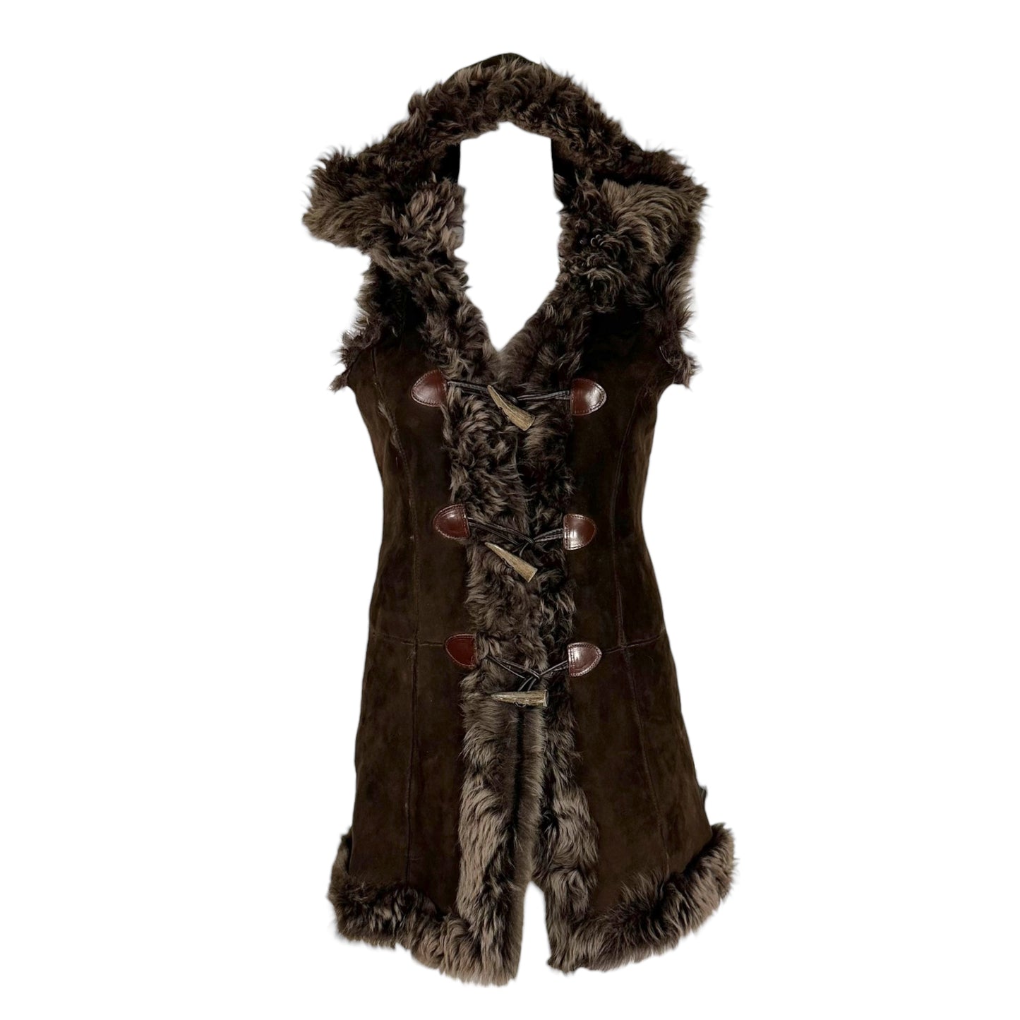 D&G Dolce & Gabbana Brown Sheepskin Hooded Toggle Vest