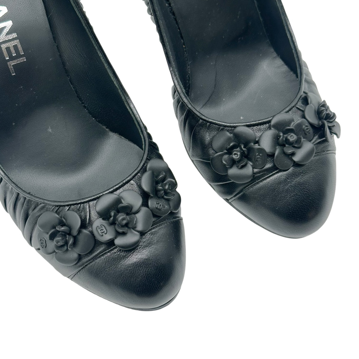Chanel Black Ruched Leather Camellia Flower Pumps